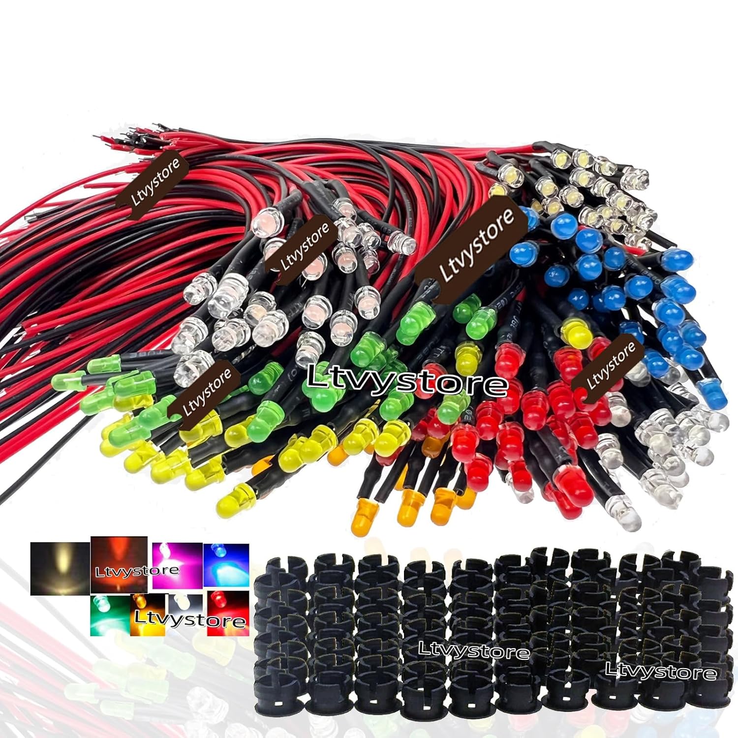 200Pcs 3MM 3V 8 Colors LED Pre Wired Prewired Lamp Light Bulb Prewired Emitting Diode + 80Pcs Black 3MM LED Plastic Clip Holder Display Panel