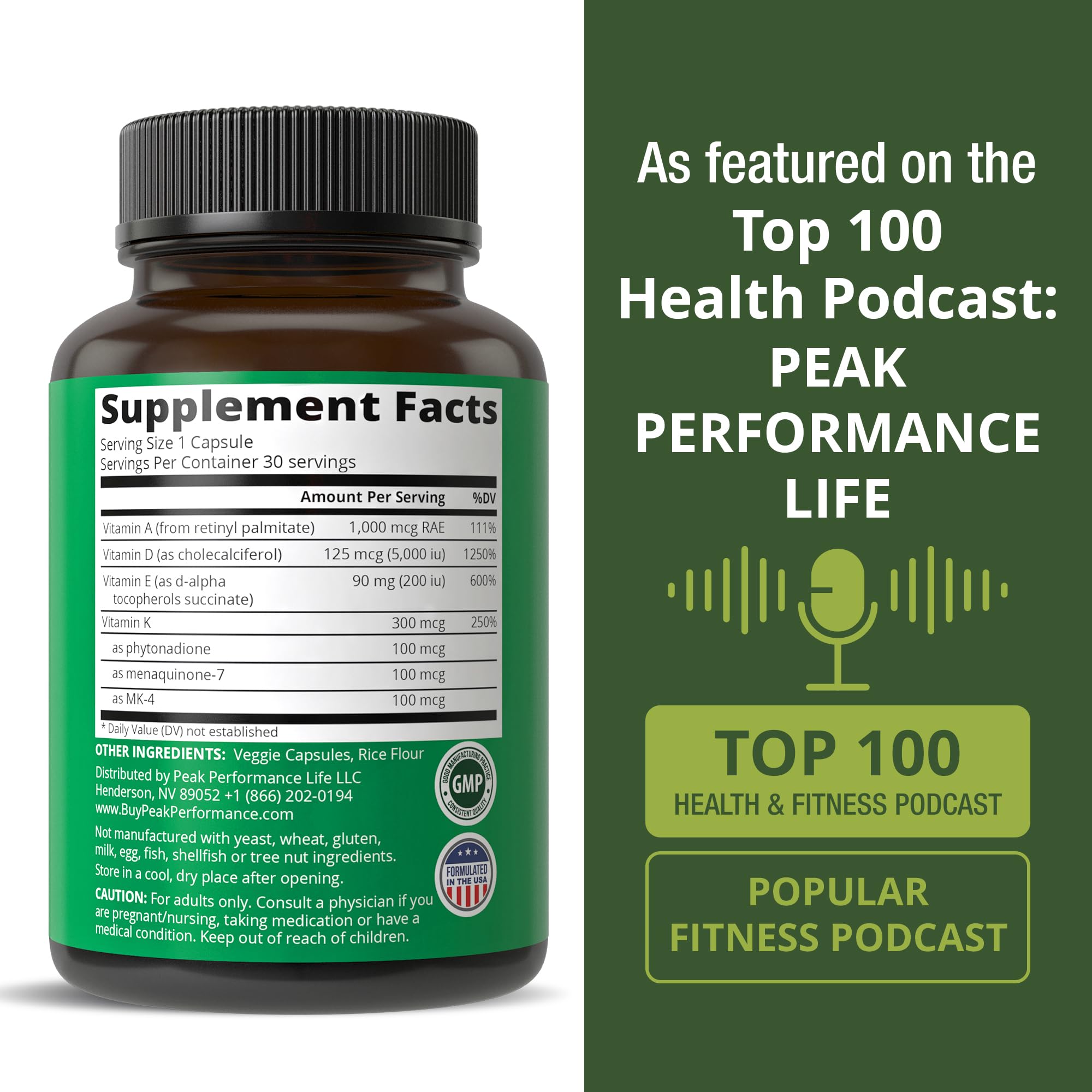 Peak Performance Vitamins D 5,000 iu + A + K + E All in 1 Vegan Capsule — Amazon image 6