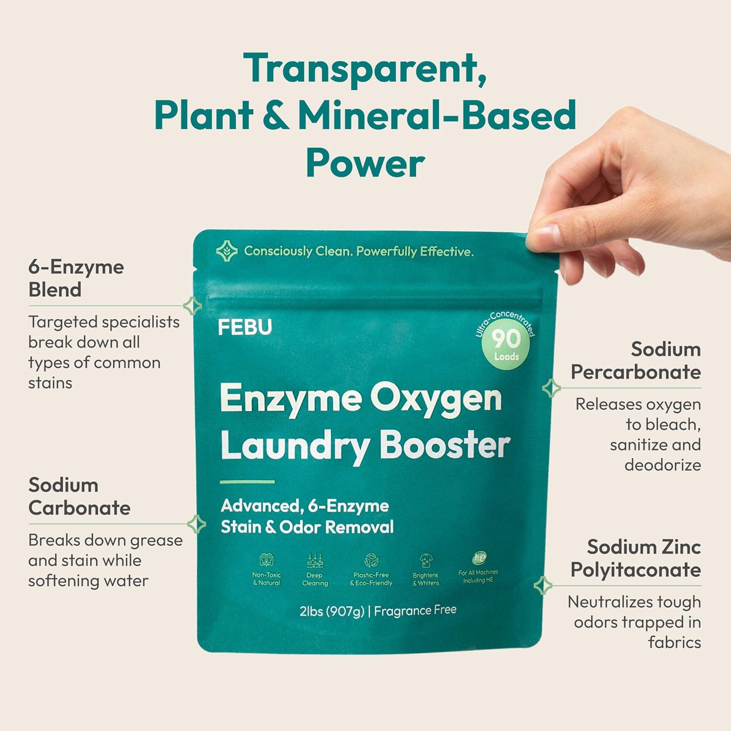 FEBU Enzyme Oxygen Laundry Booster, Odor Eliminator & Stain Remover | Advanced 6-Enzyme Formula for Sweat, Pet & Musty Odors | Plant-Based, Safe, Plastic-Free Powder, USA-Made | Fragrance Free, 2lbs - Image 5