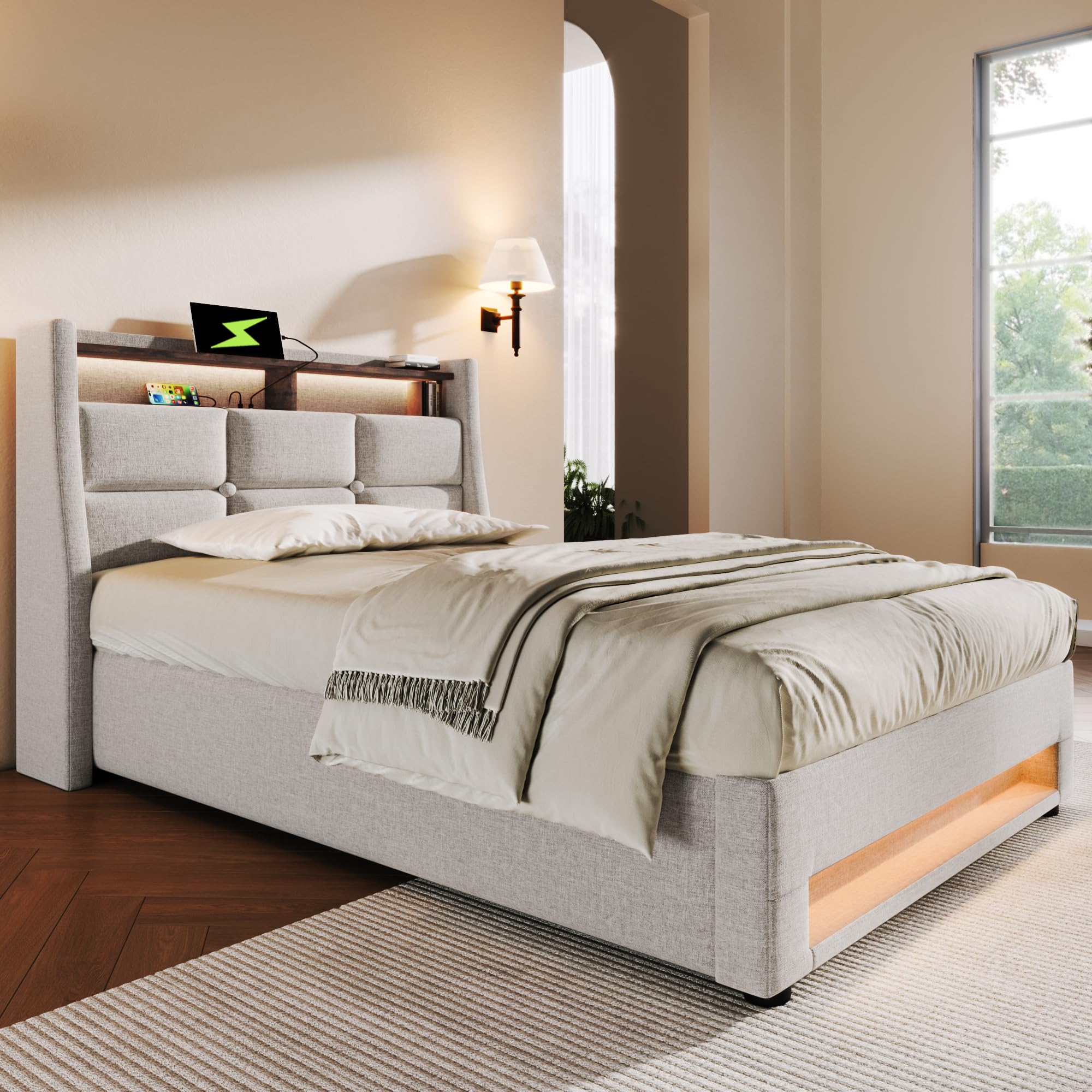 Cama Tapizada 90x200 con LED y USB, Camas Individual con Espacio de Almacenamiento Hidráulico y Cabecero Almacenaje, Camas Juveniles con Somier y Soporte de Láminas, Lino, Sin Colchón, Beige