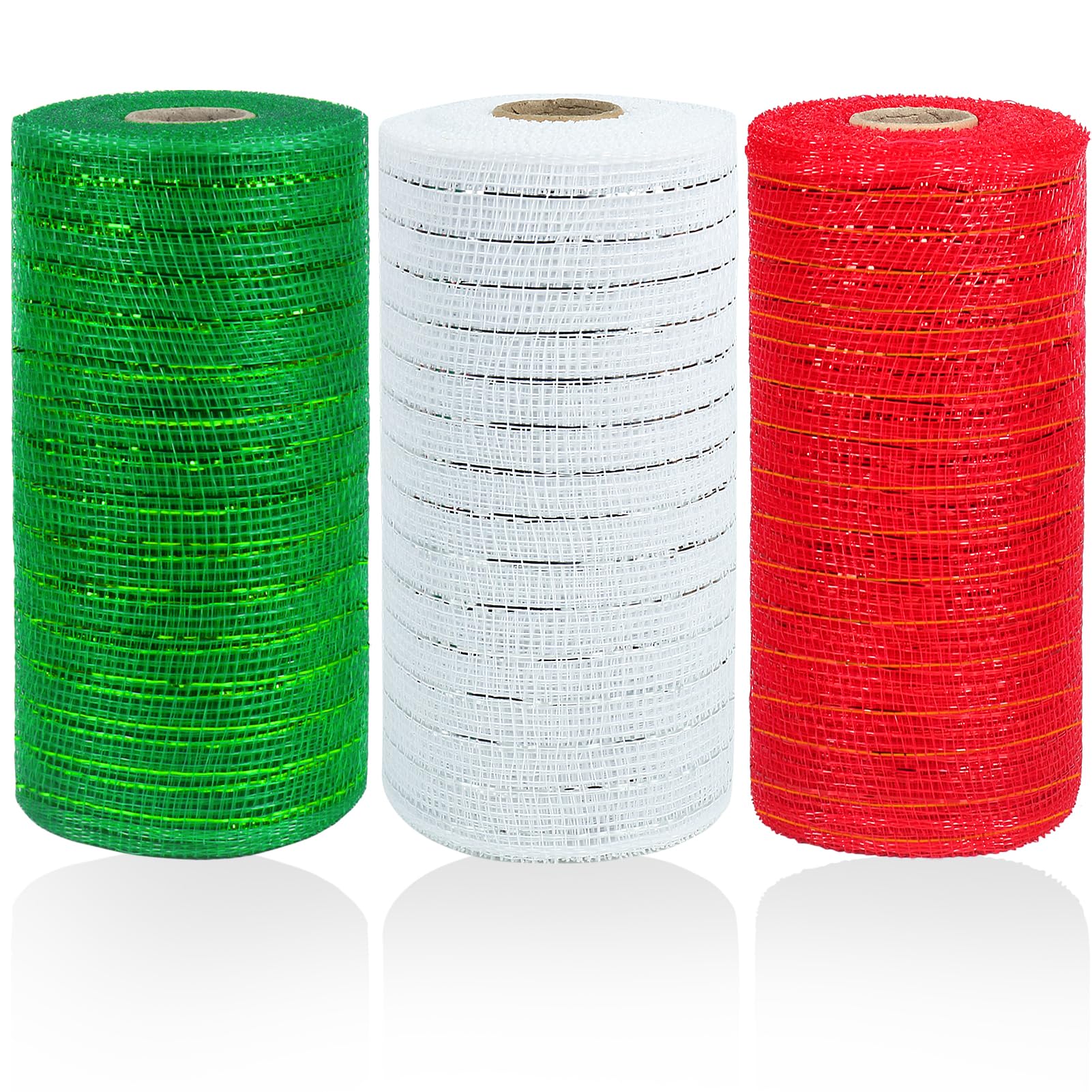 tenn well 3 Rolls Poly Mesh Ribbon for Wreath Making, 6 Inch x 10 Yards Red Green White Stripe Deco Mesh Ribbon Rolls for Christmas Tree Decoration and Swags