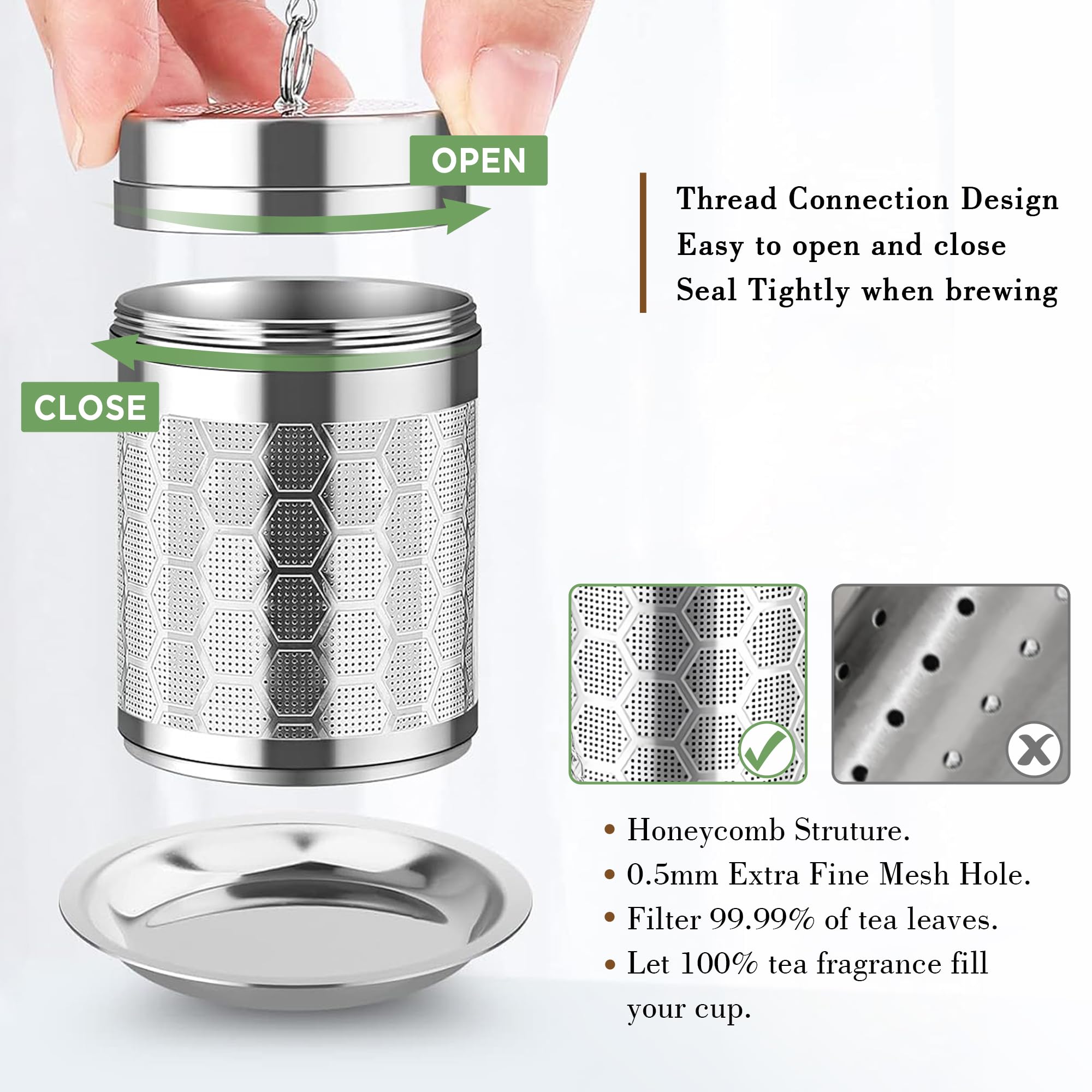 Yoassi Tea Infuser, 2 Packs 304 Stainless Steel Extra Fine Mesh Tea Strainers Filter Steeper With Lid, Silver, 2pcs-New - Image 2