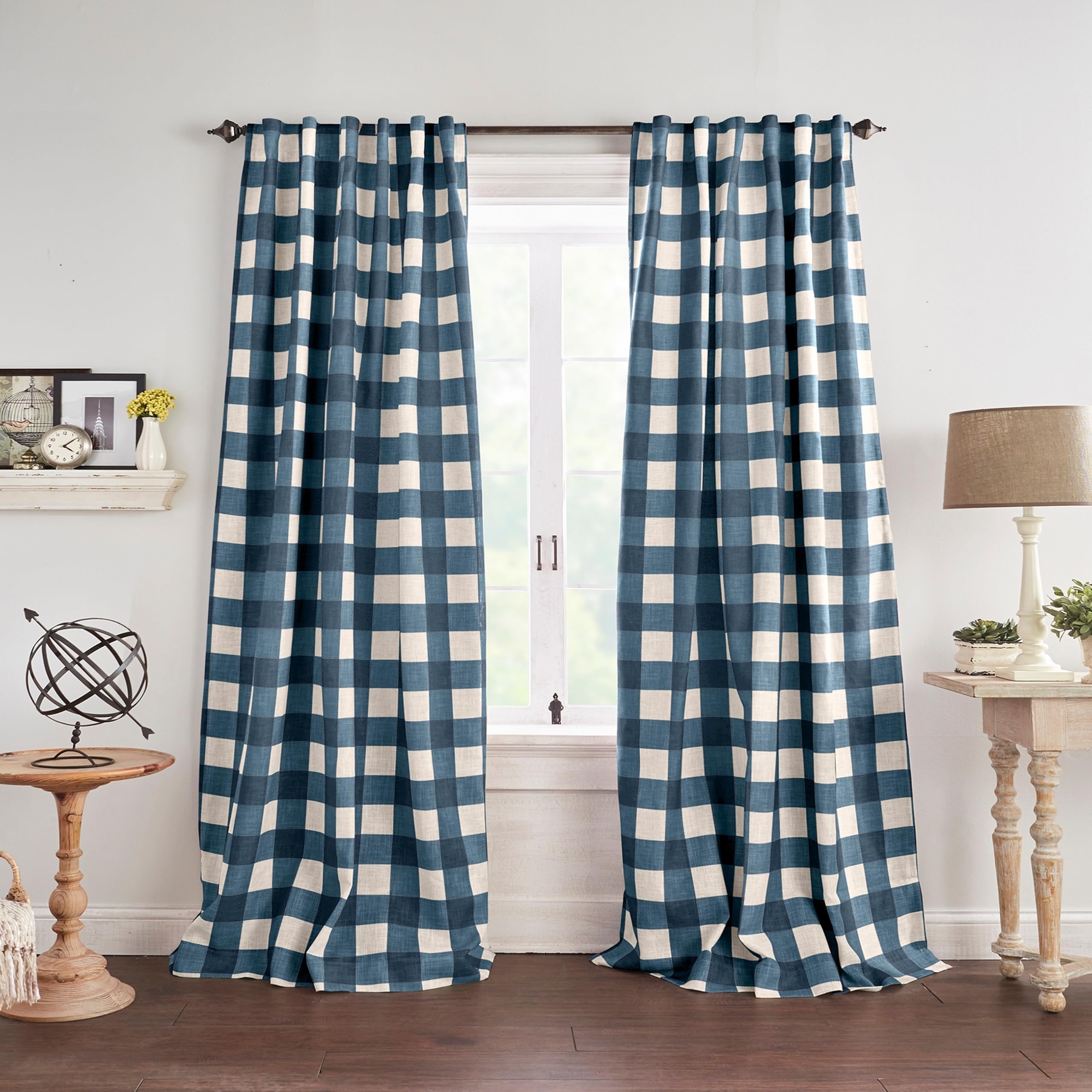 Home Fashions Farmhouse Living Grainger Buffalo-Check Blackout Window Curtain, Living Room and Bedroom Drape with Rod Pocket Tabs, 52" x 84", Indigo, 1 Panel