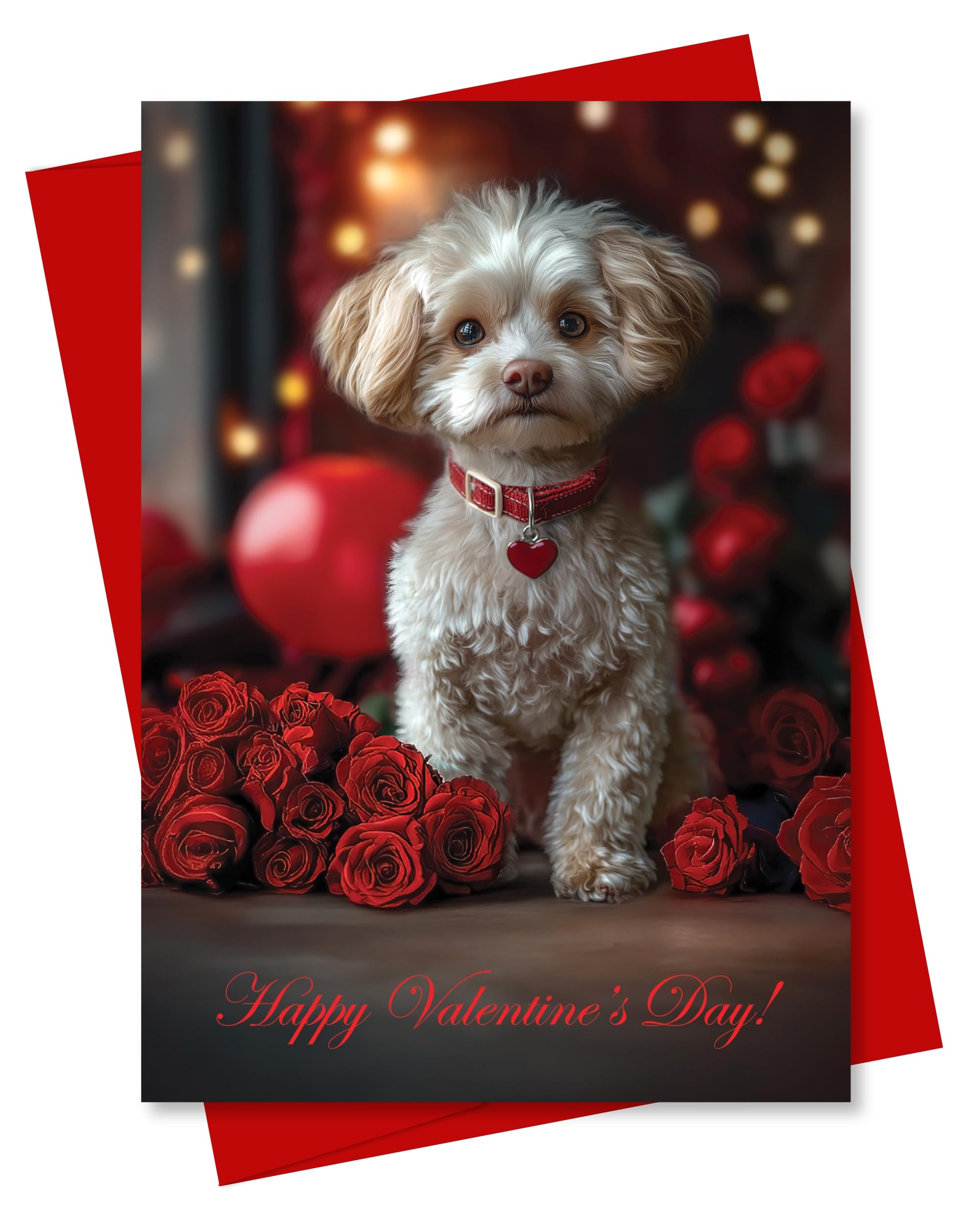 CATNEVERLAND Poodle Dog Valentines Day Greeting Card – Premium 5x7 Inch Blank Card for Personalized Messages – Adorable Dog Design with Red Roses and