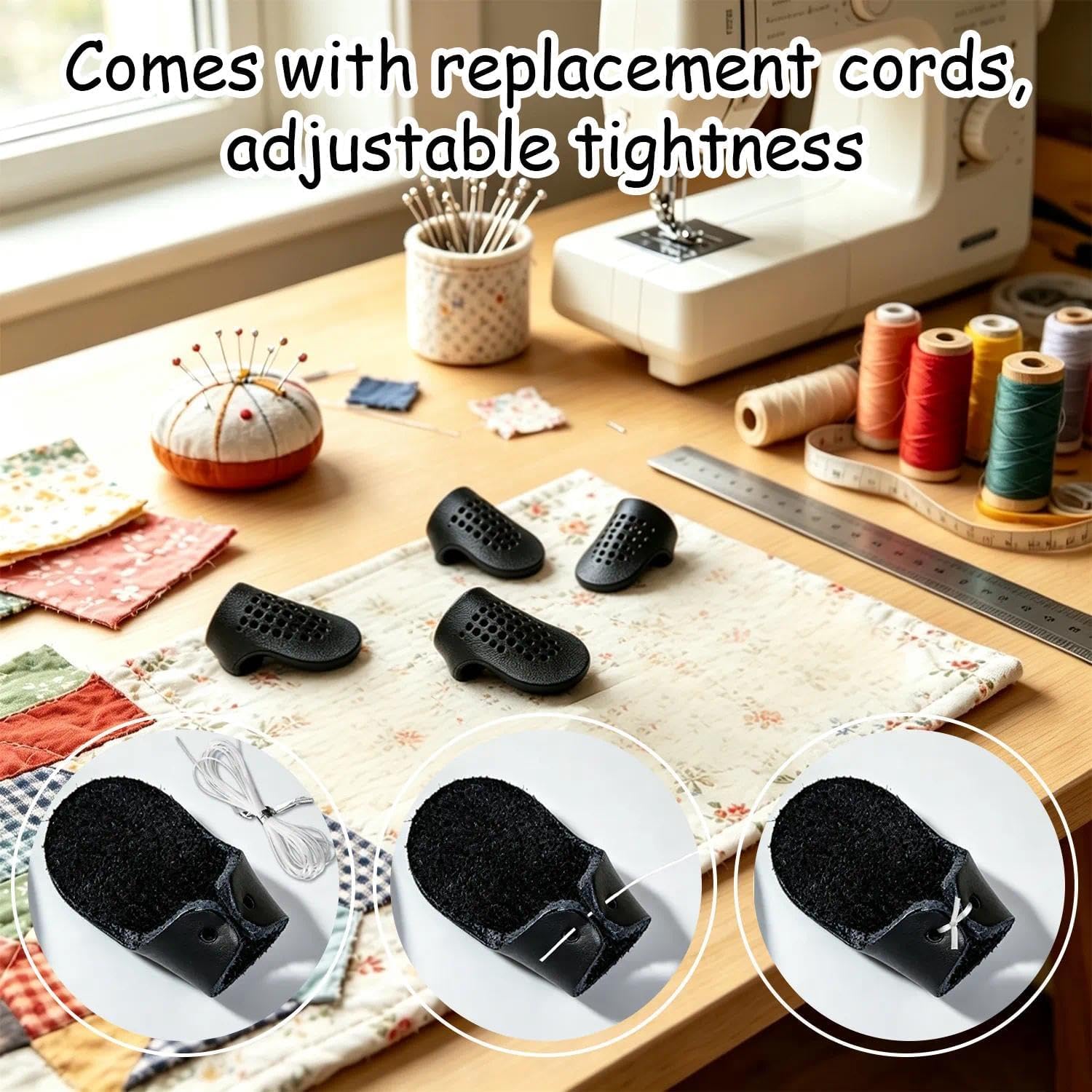 5PCS Sashiko Thimble, Leather Adjustable Finger Guard for Hand Sewing