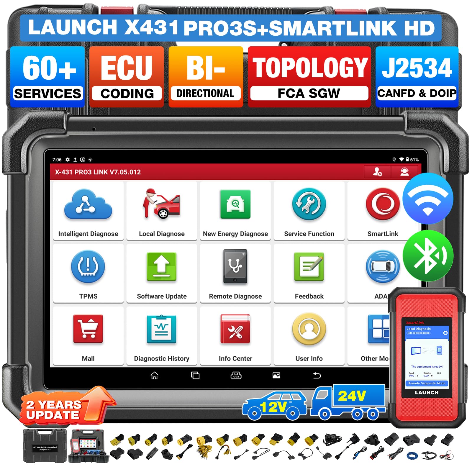 LAUNCH X431 PRO3S+ Smartlink HD OBD2 Diesel y Gasolina Herramiento de Diagnóstico Bidireccional de Sistema Completo con 60+ Función de Rinicio, 12V 24V Diagnosis Coche Multimarca Codificación ECU