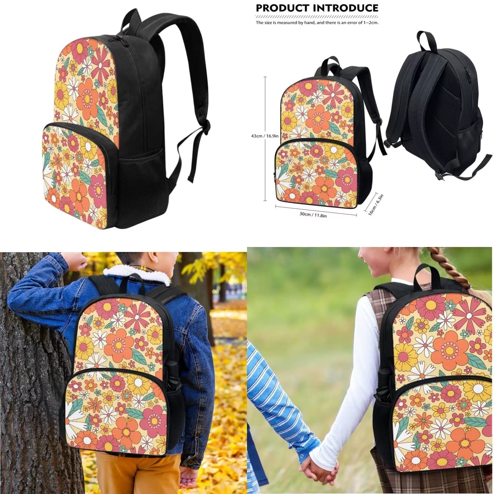 POLERO Mochila escolar de caballos para niños, juego de bolsas de almuerzo, estuche para lápices, 3 piezas, bolsas escolares, flores, Talla única, Mochila infantil