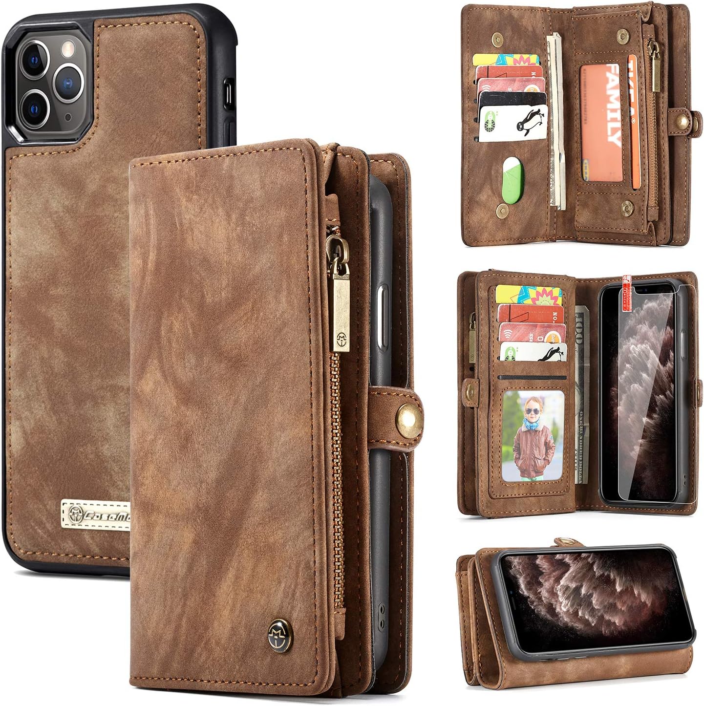 Zttopo iPhone 11 Pro Max Wallet Case 2 in 1 Leather Zipper Detachable Magnetic 11 Card Slots Card Slots Money Pocket Clutch Cover with Screen Protector for iPhone 6.5 Inch Brown