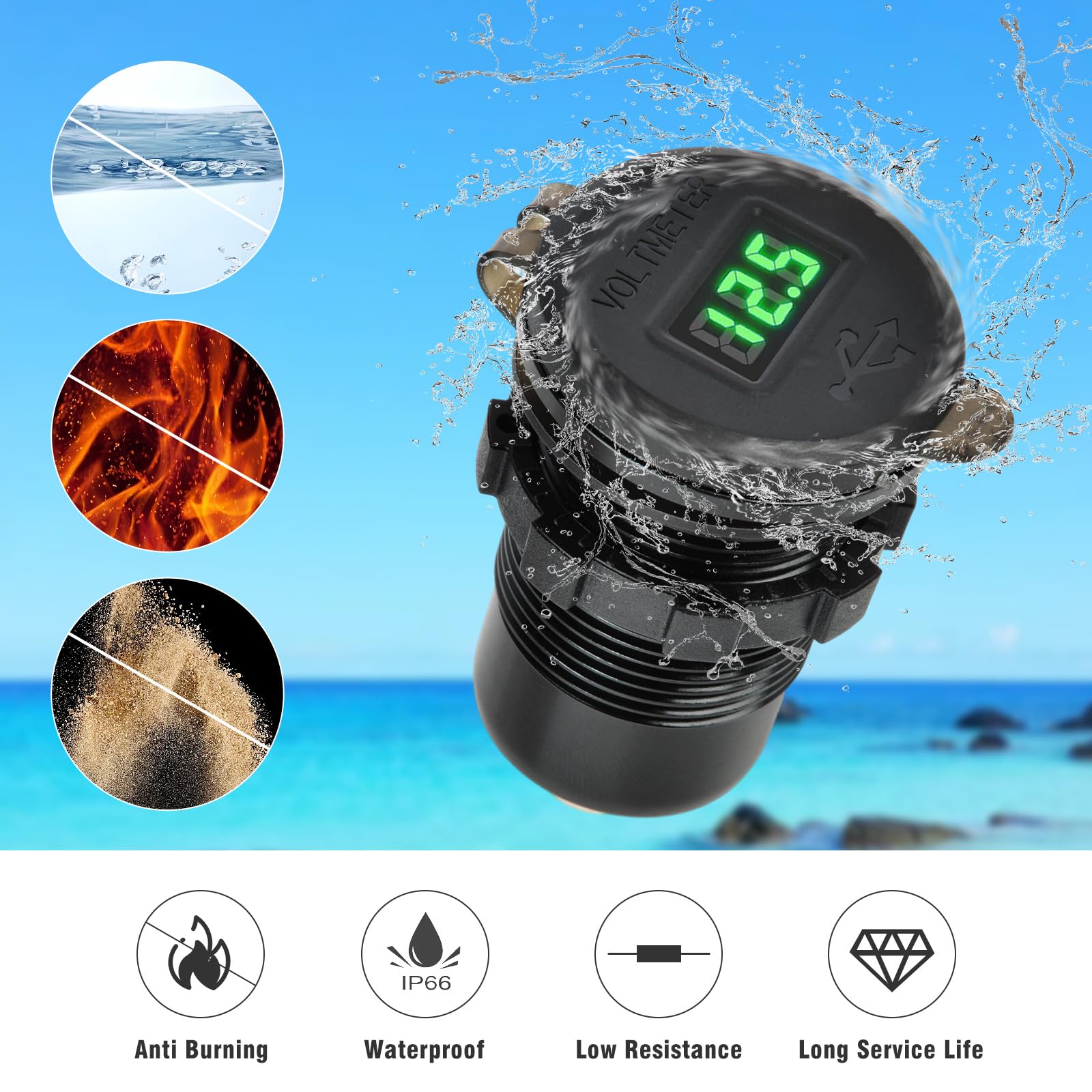 Vothen QC 3.0 Presa USB per Auto Doppio in Alluminio, 12V/24V Adattatore Impermeabile con Interruttore On/Off Voltmetro LED per Veicoli Auto Barca Moto SUV Camion