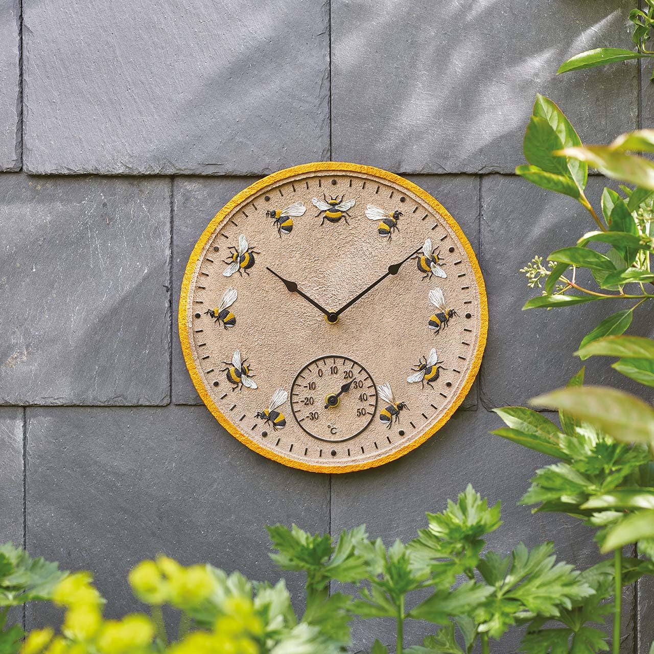 Mysmartbuy.com Multicolor Bee Design Wall Clock And Thermometer – Battery Powered Weather Resistant Resin Indoor Outdoor Home Garden Quartz Clock With Temperature Dial – Measures H30 X W30 X D4cm