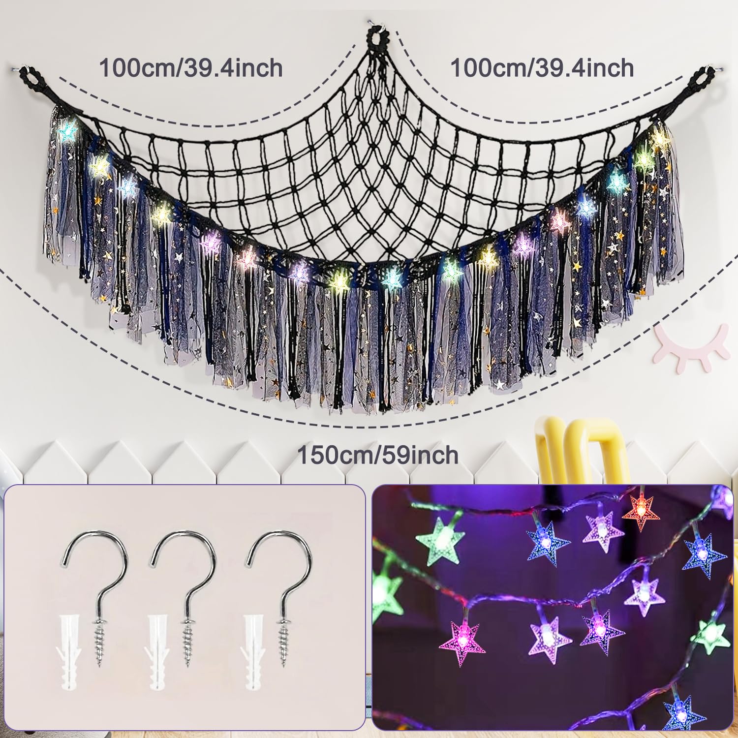 Teddy Hammock with LED Light, Boho Decor Plush Toy Storage Net - Image 3