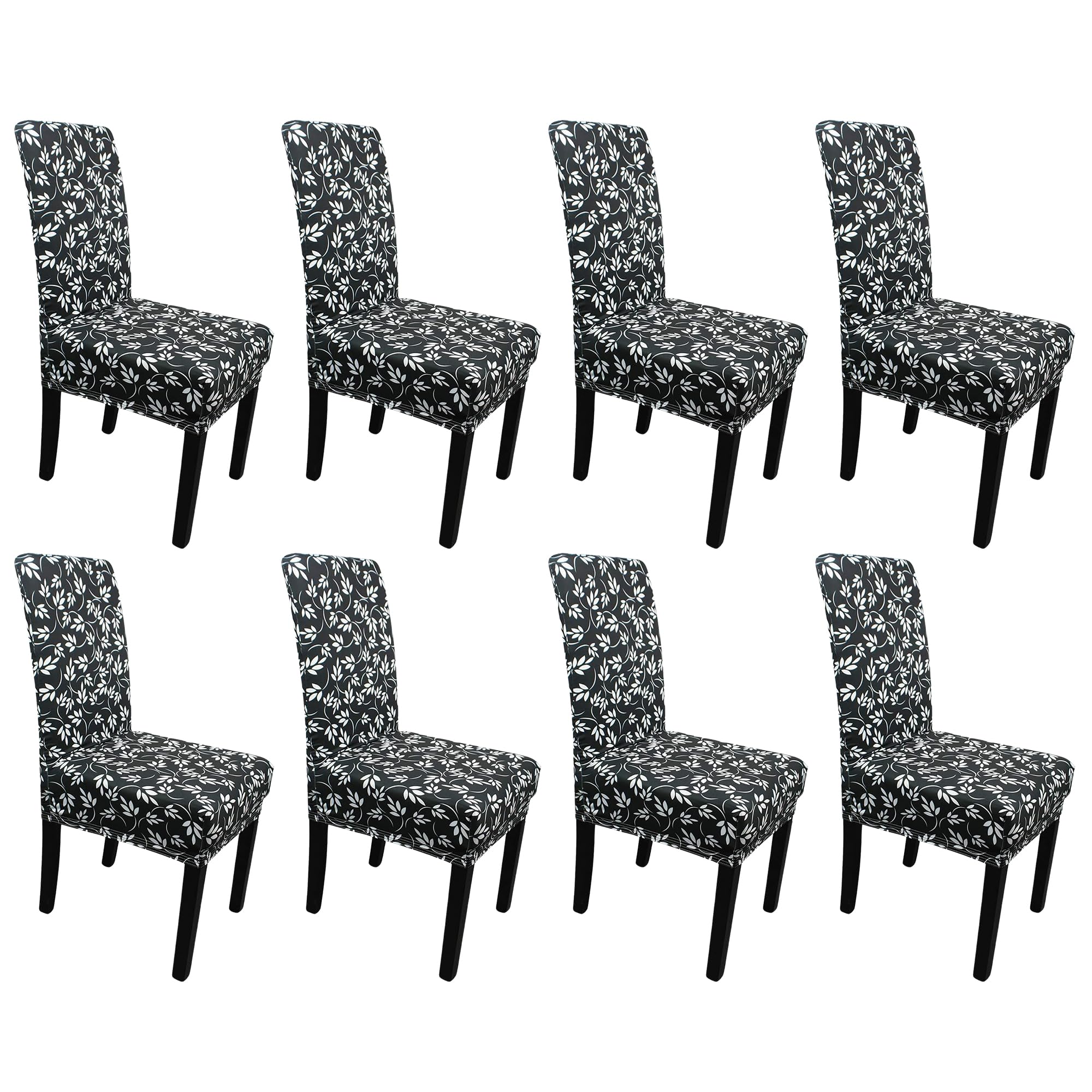 Printed High-Back Chair Covers for Dining Room Chairs – Spandex Stretch, Universal Armless Chair Protective Slipcover for Kitchen, Party, Banquet & Hotel, Floral Tropical Leaves - Black, Pack of 8
