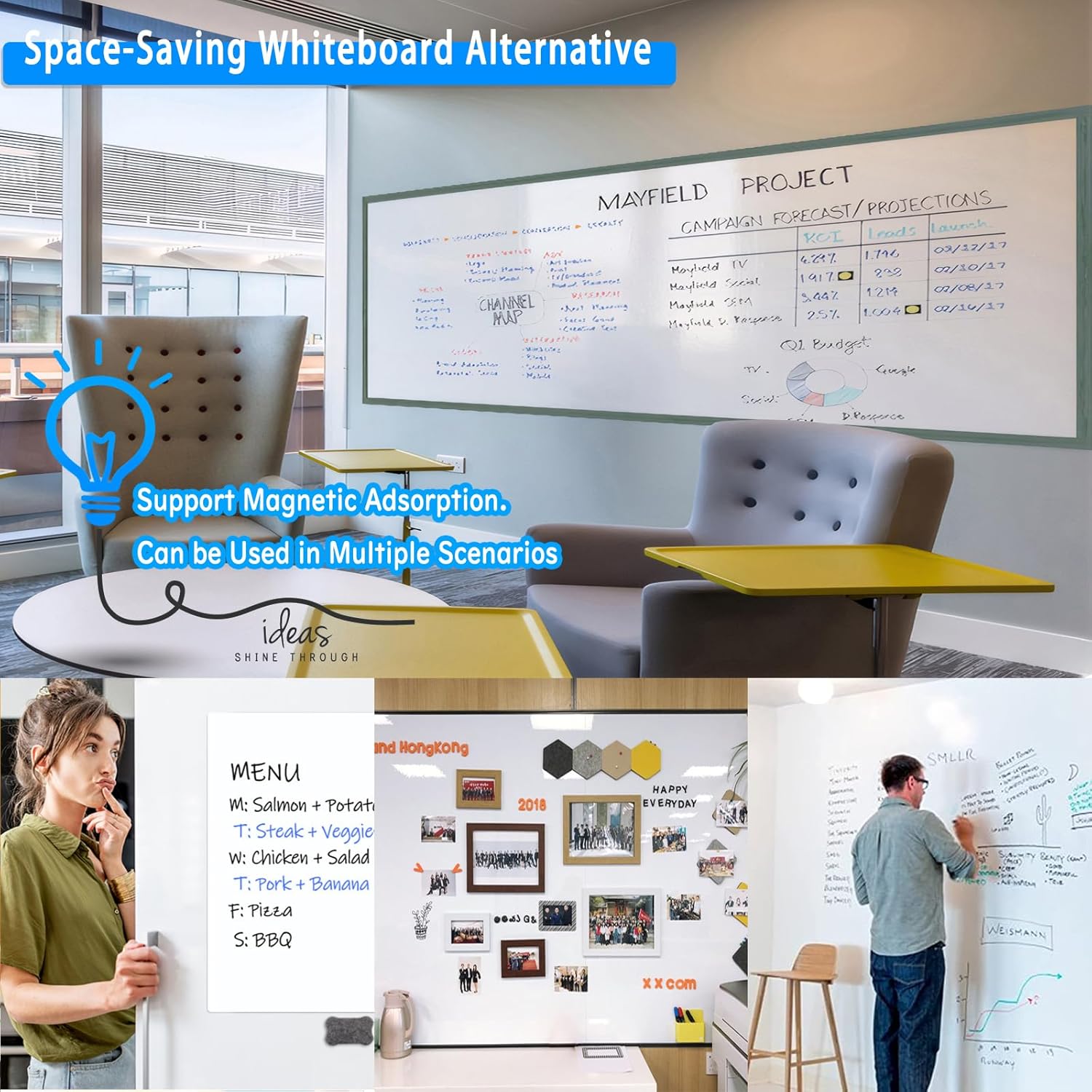 Magnetic Whiteboard Paper, 36" x 48" Self Adhesive White Board for Wall,White Board Dry Erase Sticker for Home Office School,Great for Bulletin, to do List,Family Graffiti wall