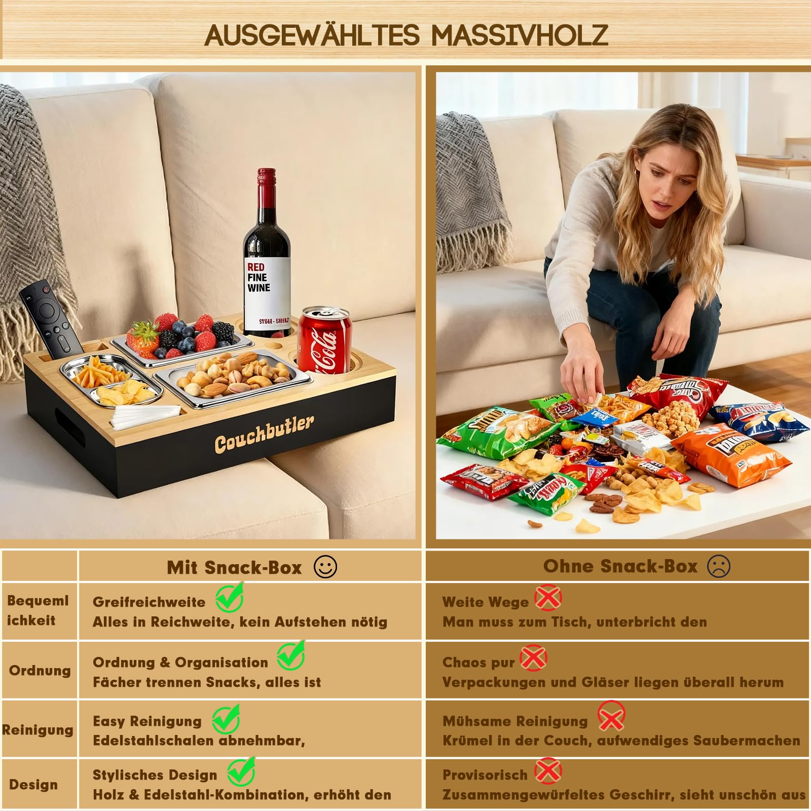 Couchbar Snackbox Couch Tablett mit Geschenkbox Couch Butler Sofa Tablett mit 2 Snackschalen Getränkehalter Snackbar Organizer mit Flaschenöffner Schwarz