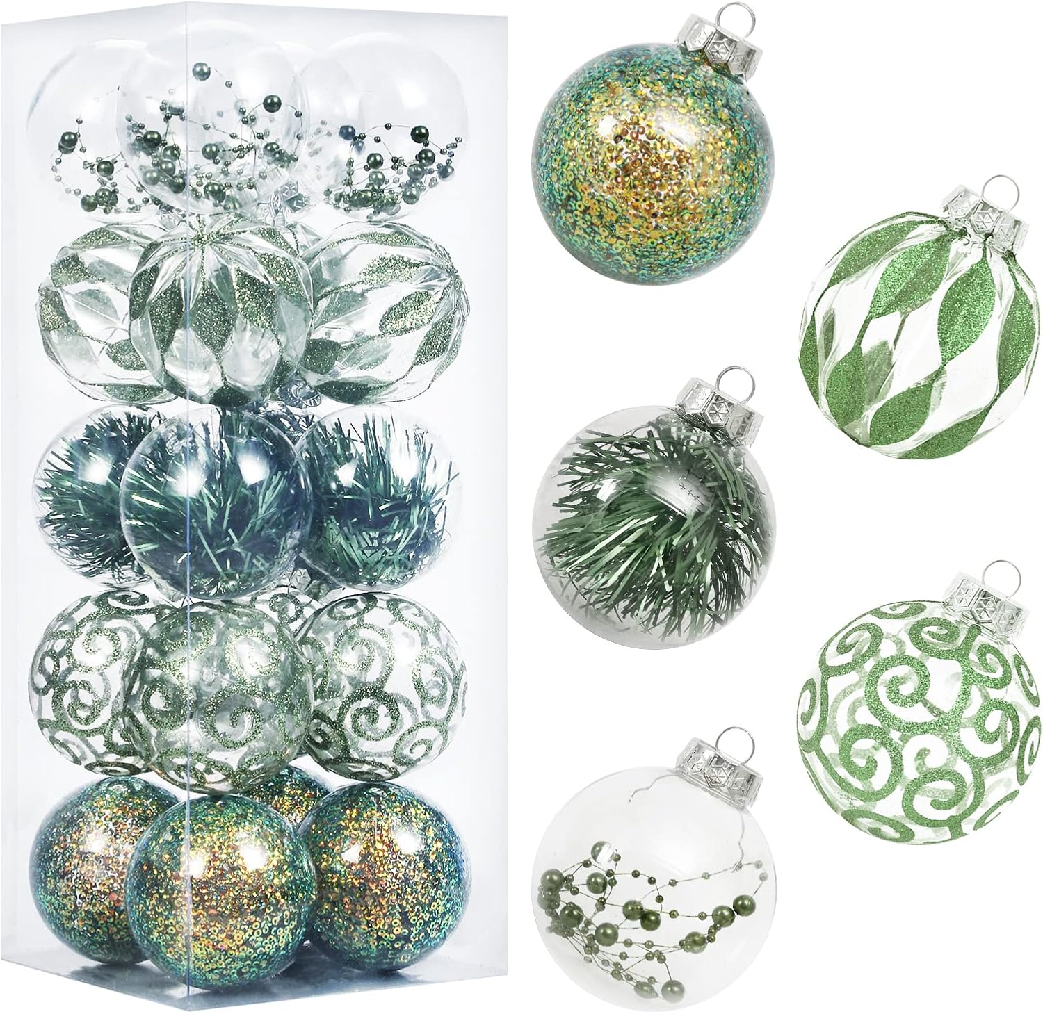 80MM/3.14" Clear Christmas Ornaments Set, 20PCS Shatterproof Decorative Hanging Ball Ornament with Stuffed Delicate Decorations, Xmas Tree Balls for Halloween Holiday Party - Green. Green 80MM/3.14"