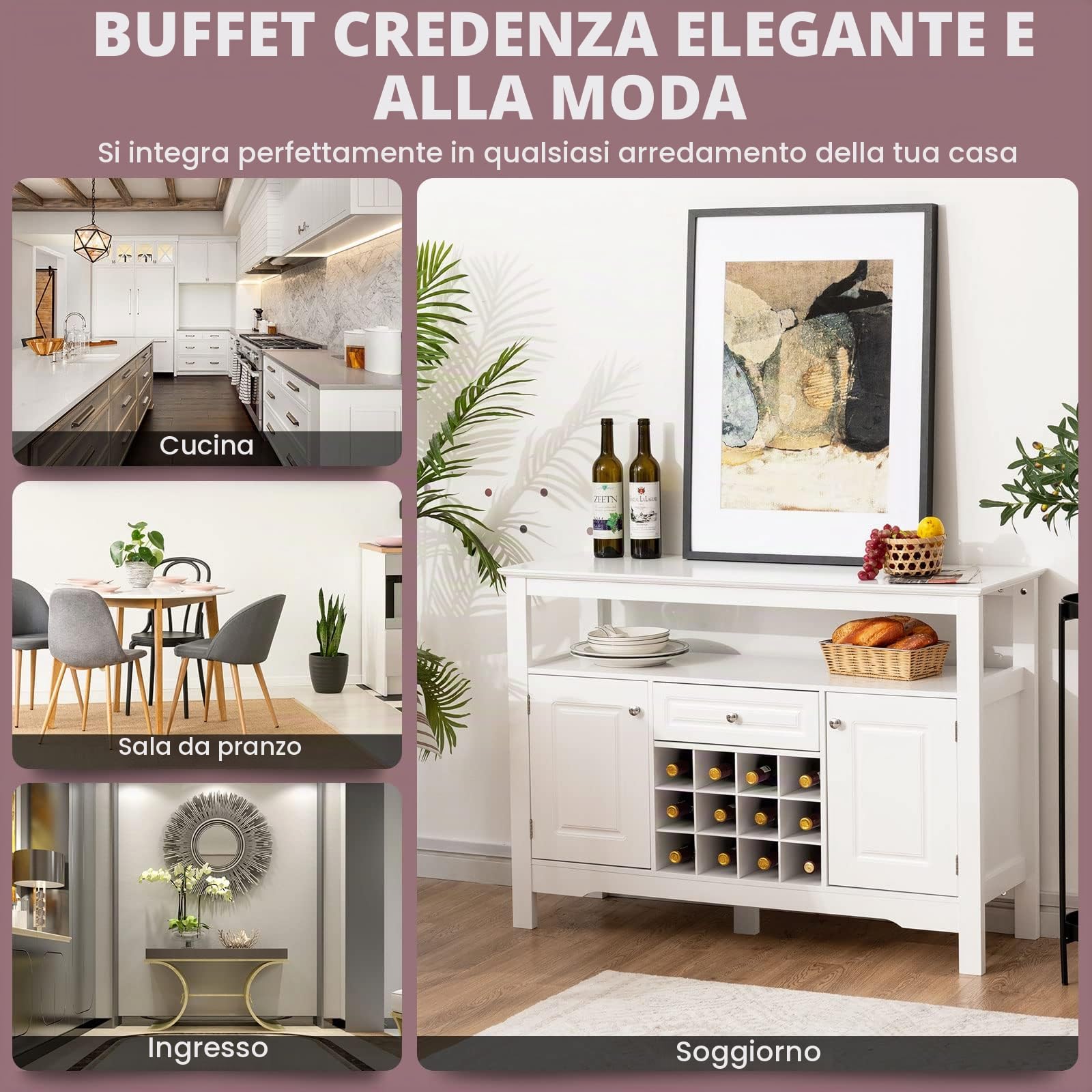GIANTEX Tavolo Portabottiglie, 2 Ripiani, 12 Bottiglie, Cantinetta con 1 Cassetto e 2 Ante, Portabottiglie per Conservare ed Esporre il Vino, 116x40x82cm, 3 Colori (bianco)
