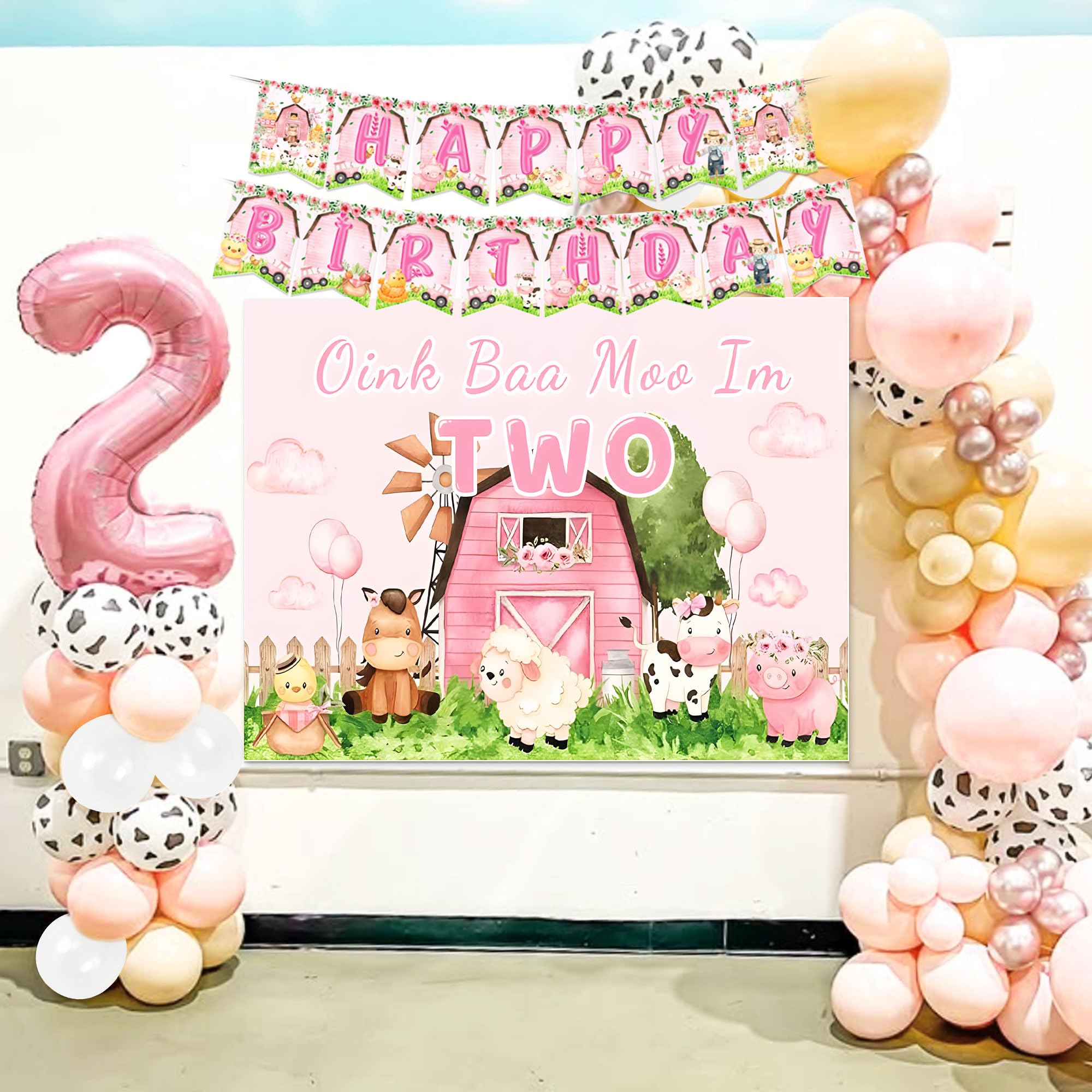 Oink Baa Moo Im Two Party Decorations Pink Farm 2nd Birthday Decorations for Girls Oink Baa Moo Two Farm Animal Theme Birthday Party Supplies