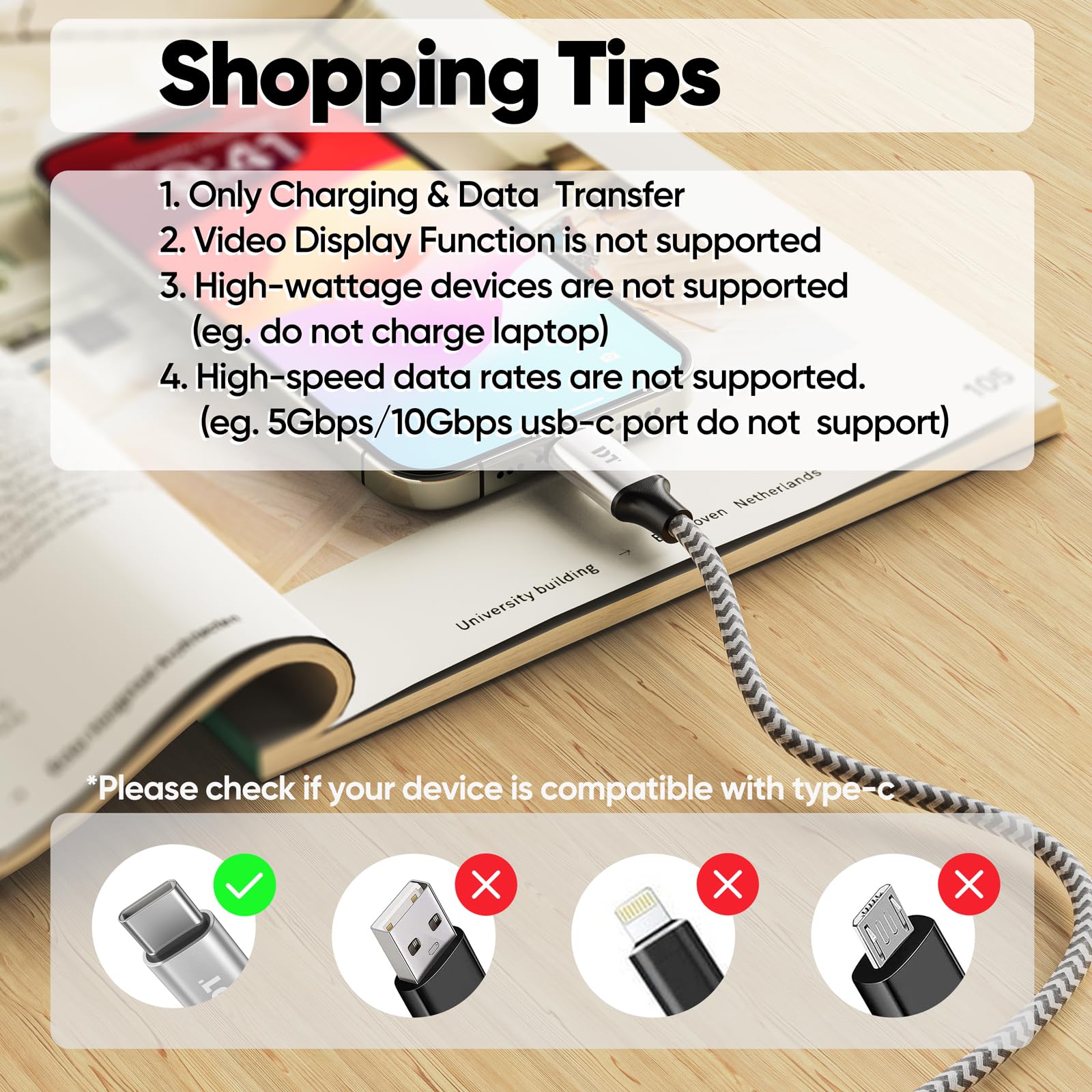 Cable USB C de 20 pies, largo de carga rápida de 2.4 A, cable USB C a USB-C, transferencia de datos USB 2.0 tipo C macho a macho para iPhone 16/15 Series, Galaxy S24/S23, Google Pixel 9/8/7