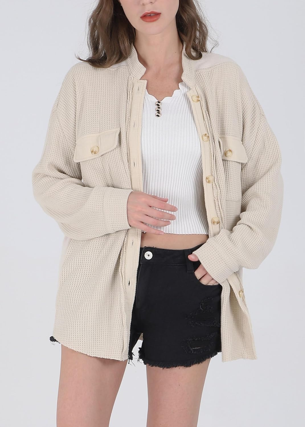 utcoco Women's Casual Waffle Knit Shacket Jacket Loose Fit Long Sleeve Button Down Shirt Shacket Top - Image 3