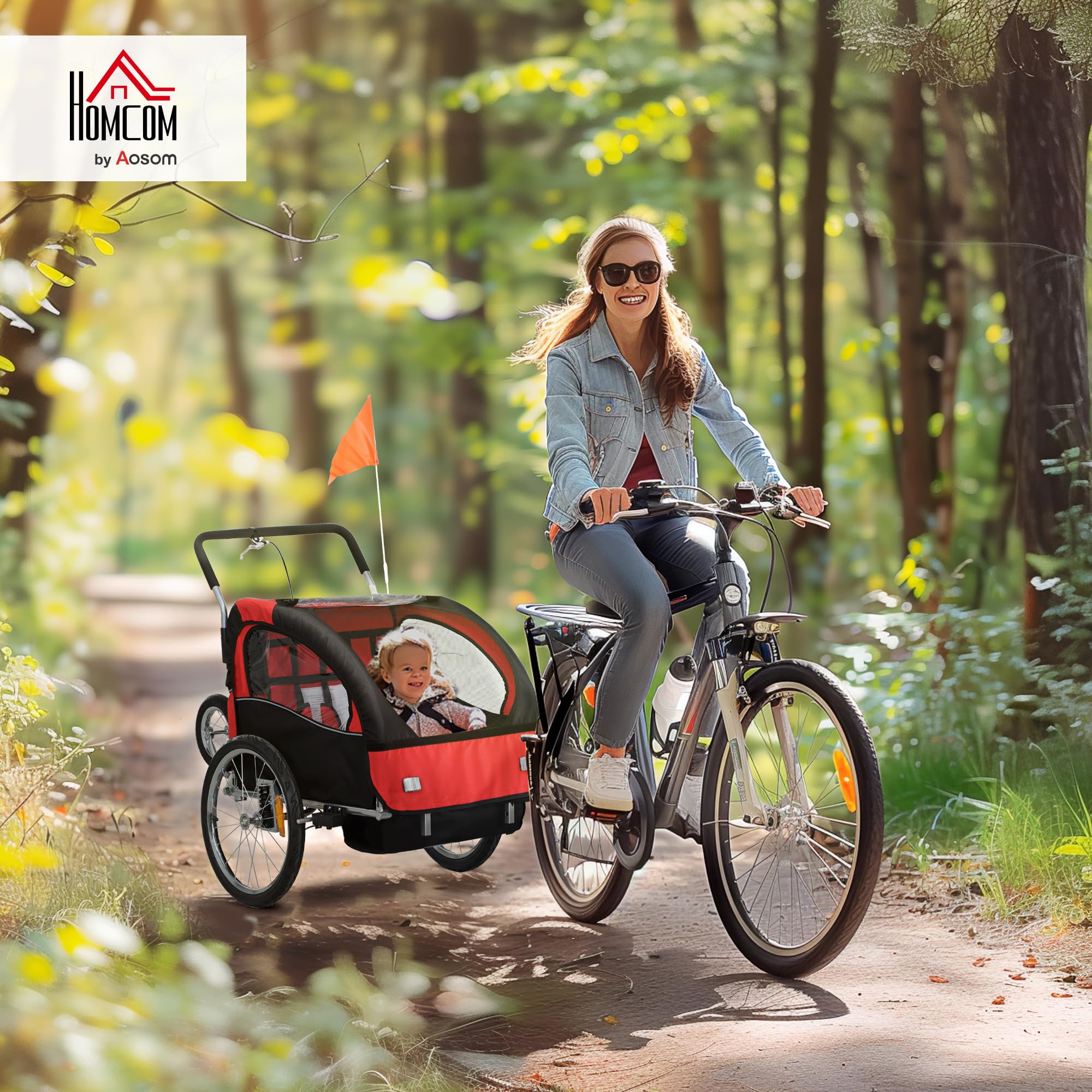 HOMCOM Remorque Velo Enfant 2 en 1 Poussette vélo bébé 2 Places avec Ceinture de sécurité 5 Points, réflecteurs, Drapeau et Rideau Coupe-Vent, Charge 40 Kg
