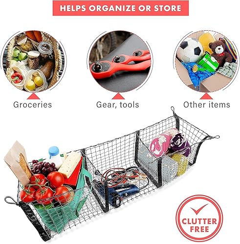 Miniatura 4 de VaygWay Organizador de cama de maletero de red de carga de tres bolsillos - Red organizadora de maletero de carga de almacenamiento de malla - Cama