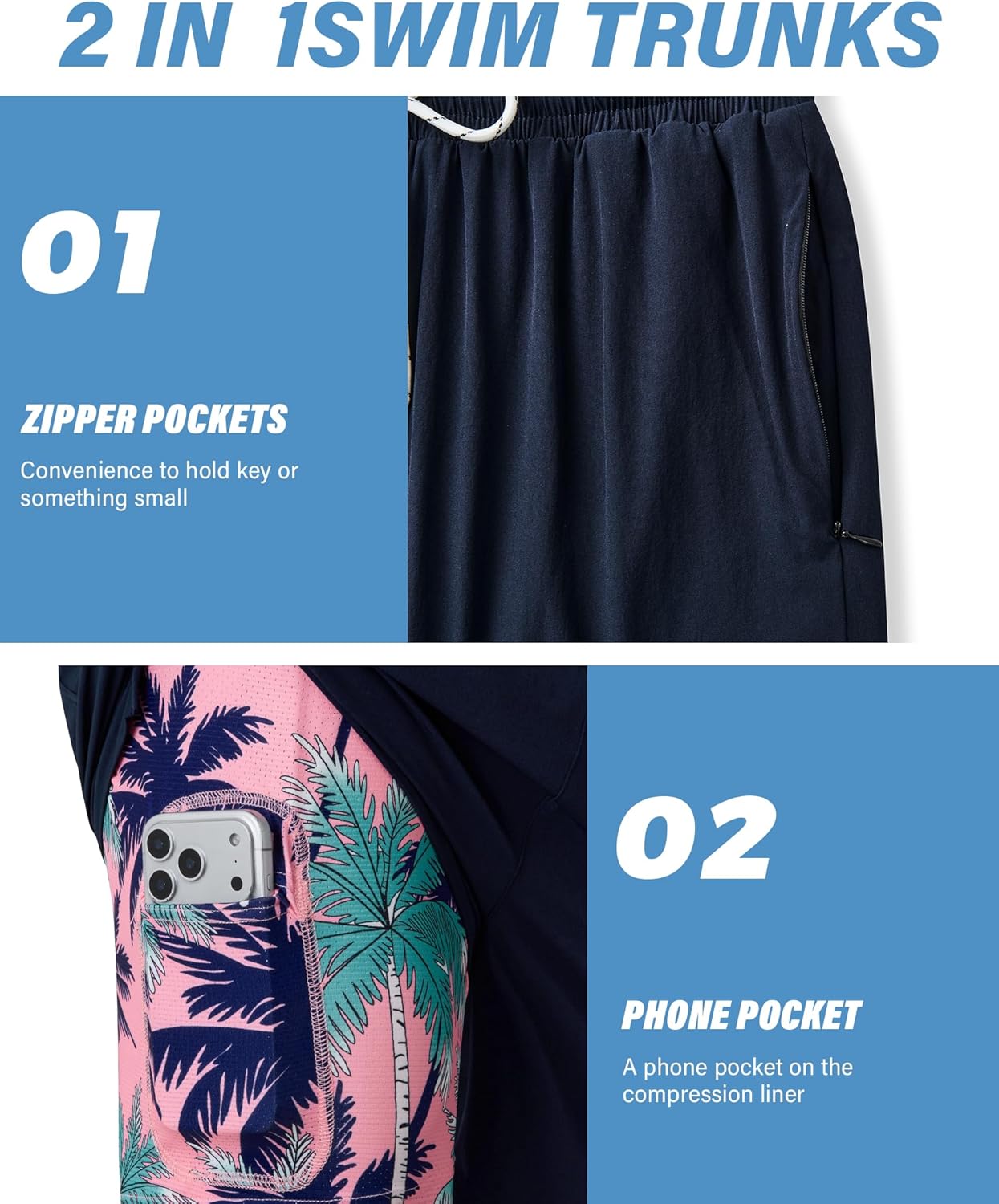 7inch Mens Swim Trunks: 2 in 1 with Compression Liner Stretch Quick Dry Drawstring Shark Pockets Beach Pool Vacation - Image 2