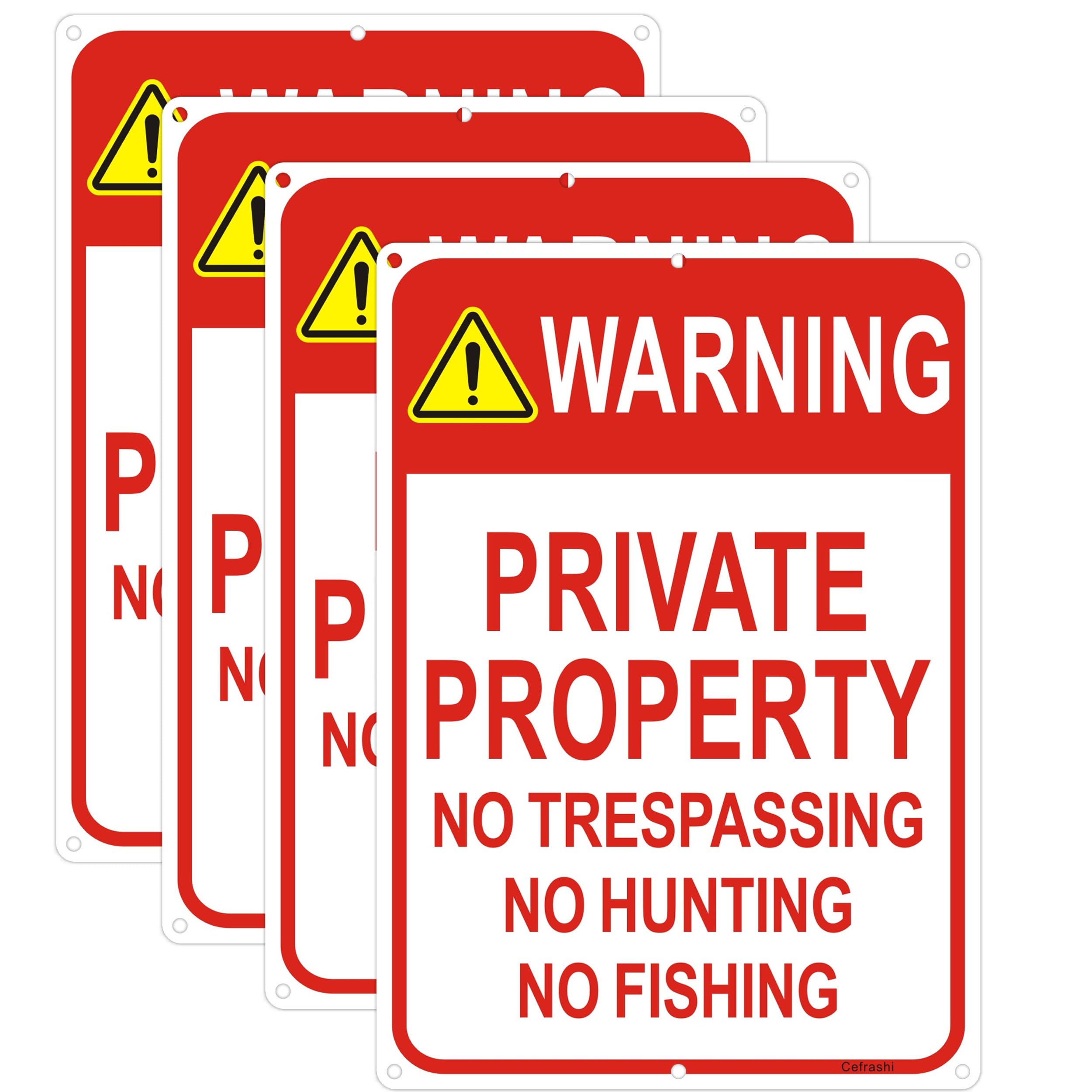 4 Pack Warning - Private Property, No Trespassing, No Hunting Sign 8x12 Inches Reflective Aluminum Signs for Warning No Hunting Fishing Indoor Outdoor