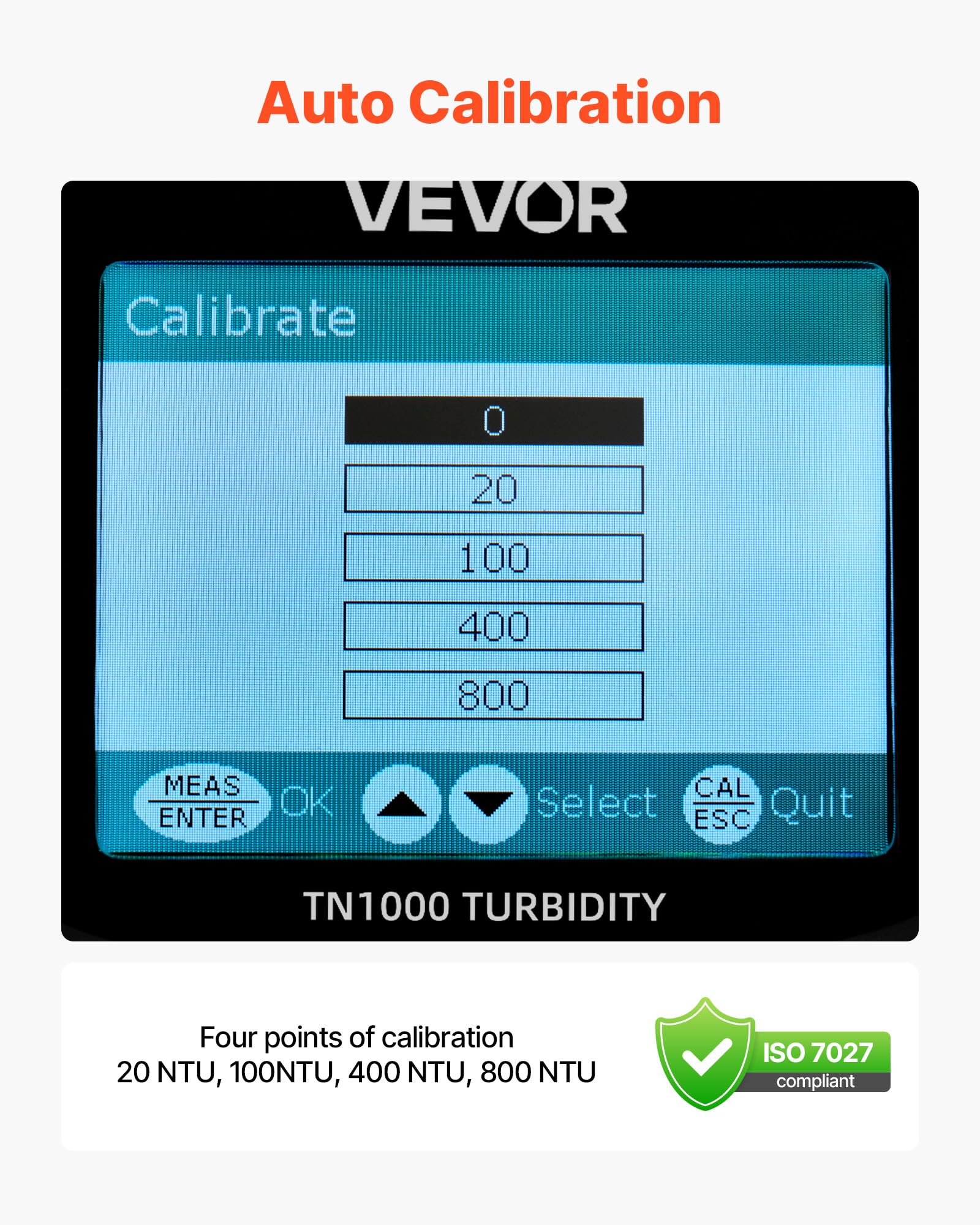 VEVOR Trübungsmessgerät Messbereich 0–1000 NTU, ISO 7027-konform, tragbarer Turbidimeter, schnelles Ablesen, mit Kalibrierlösungen & Probenfläschchen & Tragetasche, für Feld und Anlage