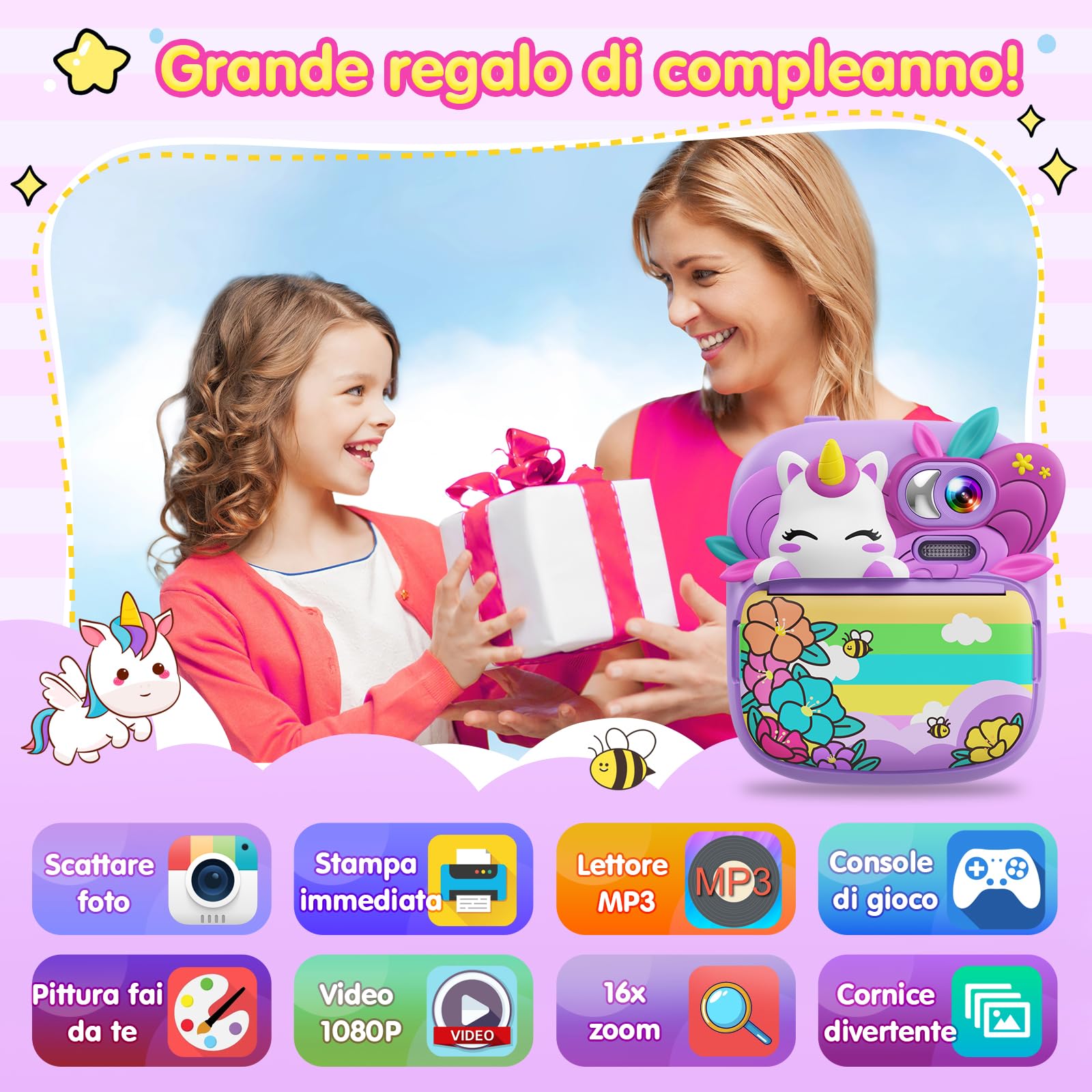 TIATUA Macchina Fotografica Bambini Istantanea, 2.4 Pollici 1080P HD Fotocamera Bambini con 32GB Scheda & Carta da Stampa, Regali per bambini dai 3 ai 12 anni