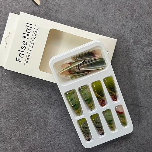 Miniatura 2 de 24 uñas postizas largas a presión, uñas postizas de ataúd verde brillante con lámina de oro rosa, uñas acrílicas extralargas de cobertura completa