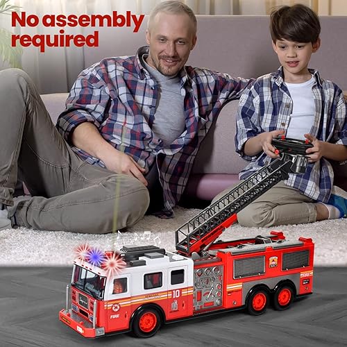 Miniatura 5 de Camión de bomberos RC realista para niños con control remoto con luces, sonidos de sirena y escaleras giratorias, camión de rescate de incendios