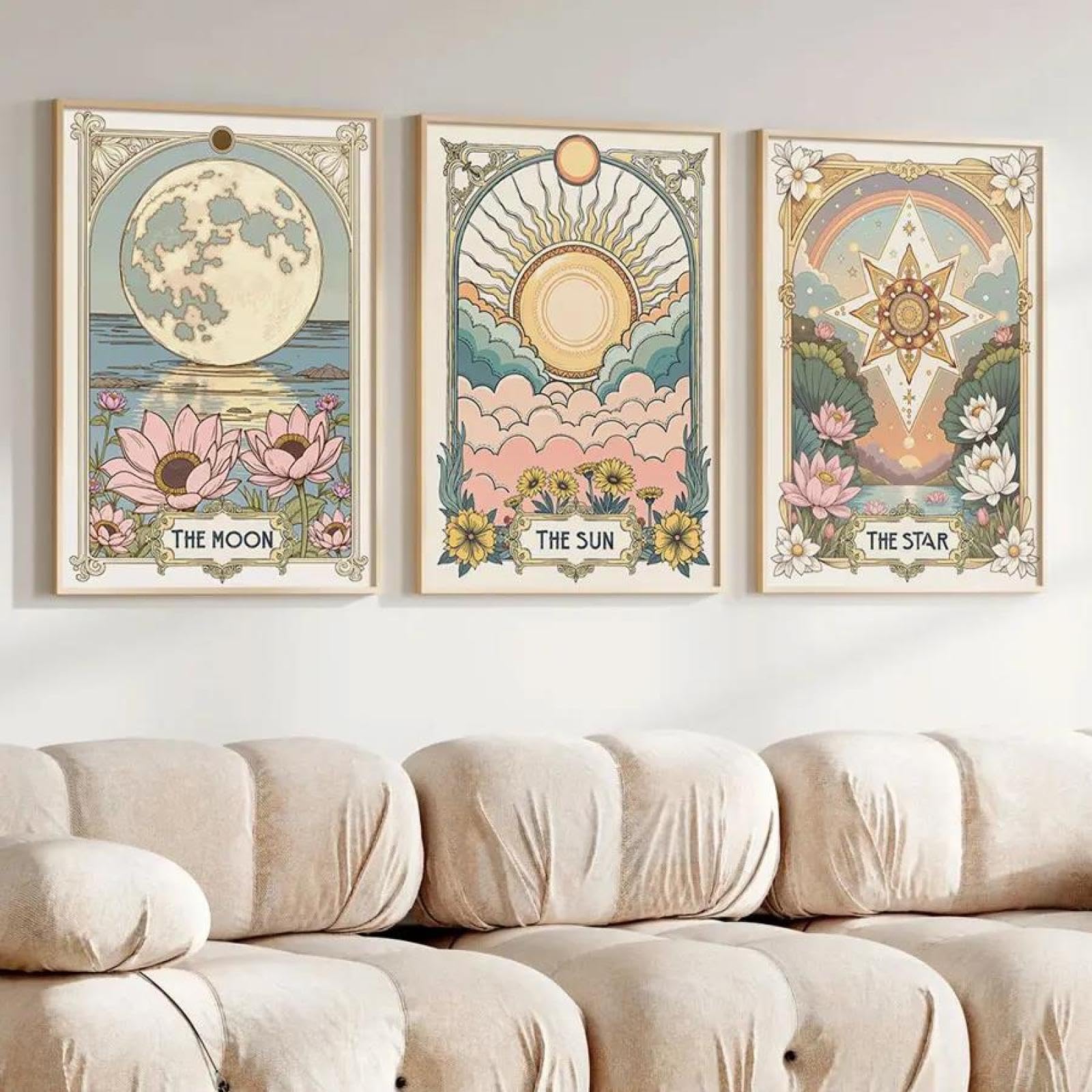 Baibexing Retro Plant Sun Star Moon Tarot Cards Poster Prints Bohemian Floral Canvas Painting Wall Art Picture Home Decor 30X40cmx3pcs Unframed
