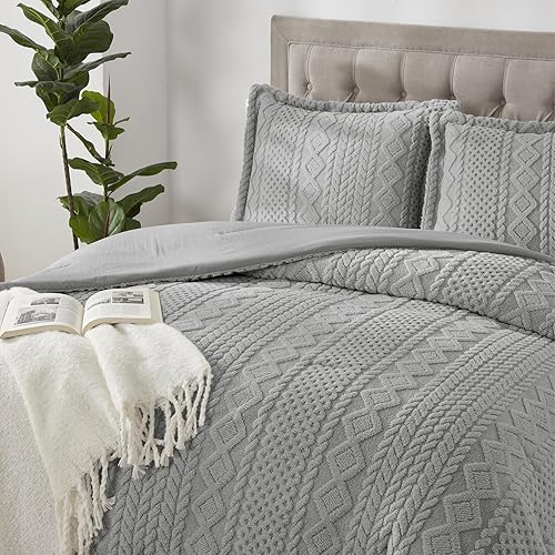 Miniatura 7 de satisomnia Juego de edredón King  Juego de edredón de forro polar gris tamaño King, edredón esponjoso y cálido de 3 piezas, juego de edredón suave y