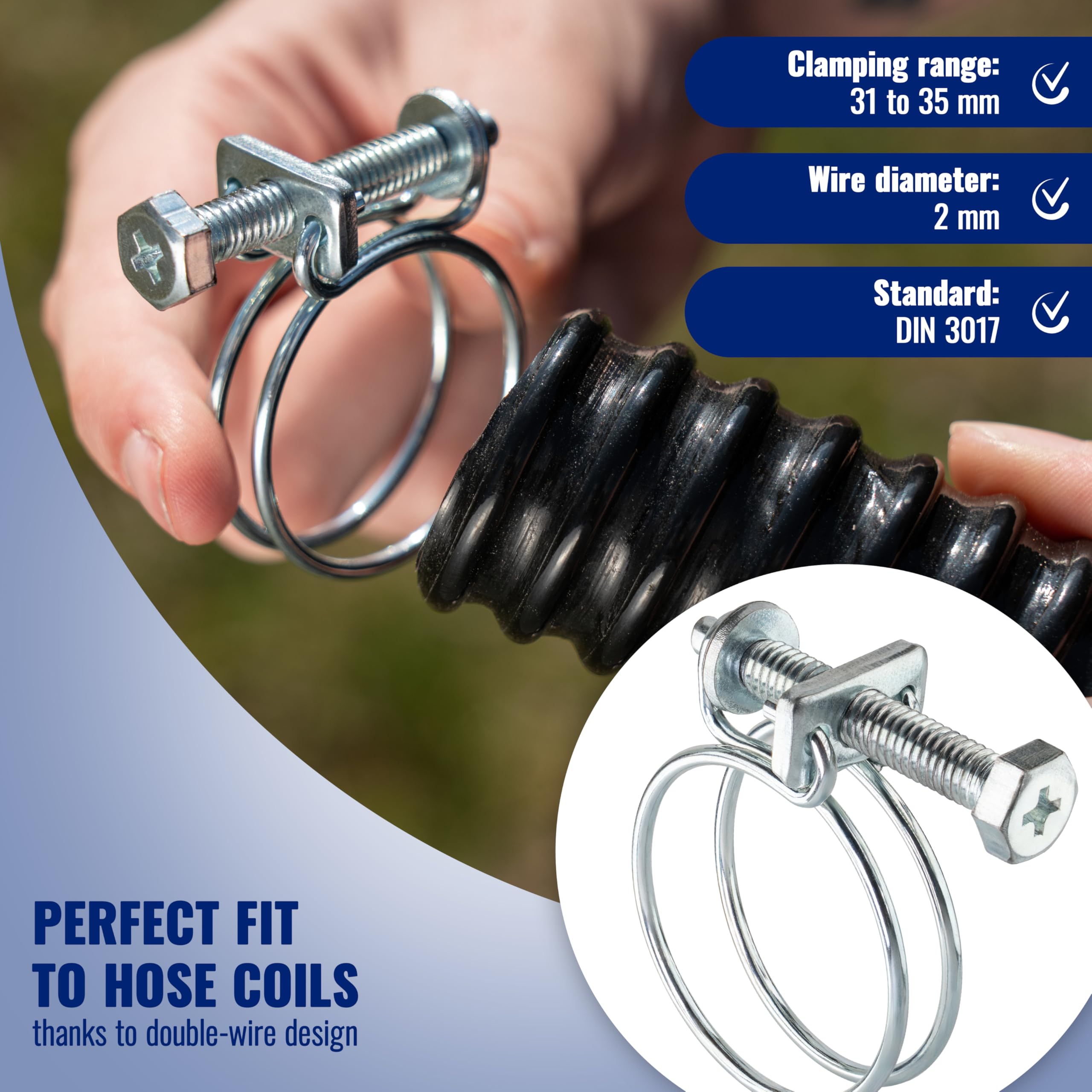 Poppstar 5 Pieces Double Wire Hose Clamp W1 Galvanised Steel Hose Clips, Clamping Width 31-35mm, Wire Diameter 2mm - Image 2