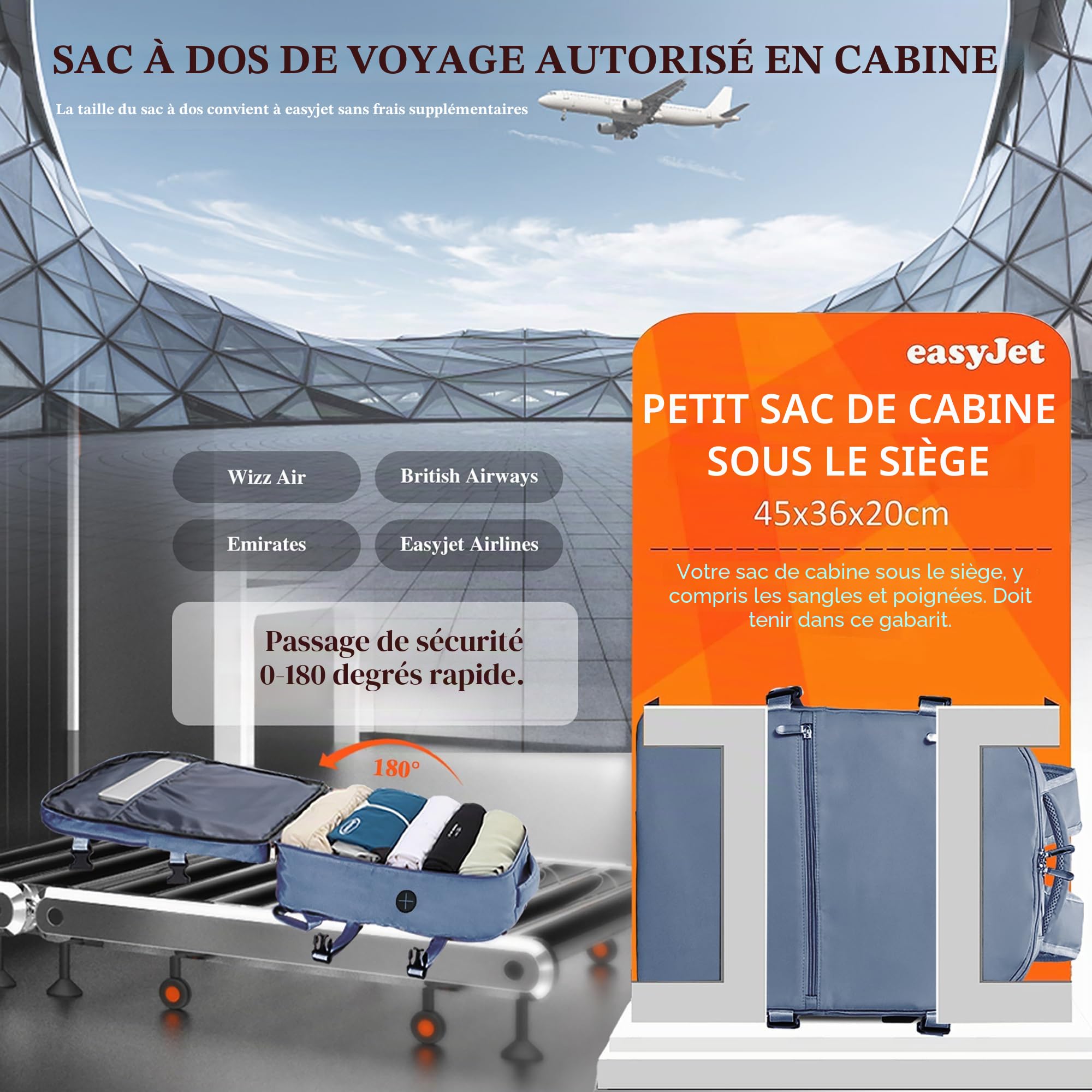 WOUIYO Bagage Cabine 45x36x20 pour Easyjet Sac à Dos Voyage Cabine Avion 30L Bagage à Main Femme Homme Sous Siege Cabine Sac à Dos pour Ordinateur Portable 15.6 Pouces