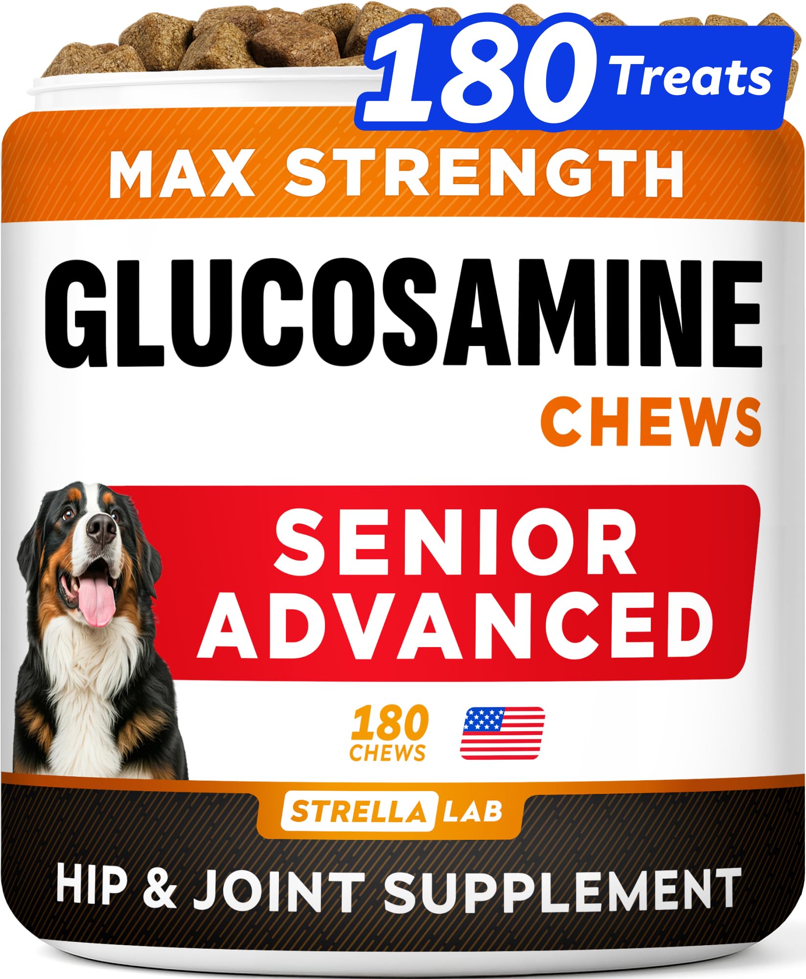 Senior Advanced Glucosamine Chondroitin Joint Supplement for Dogs - Hip & Joint Pain Relief Pills - Large & Small Breed - Hip Joint Chews Canine Joint Health - Chews Older Dogs - Bacon Flavor - 180Ct