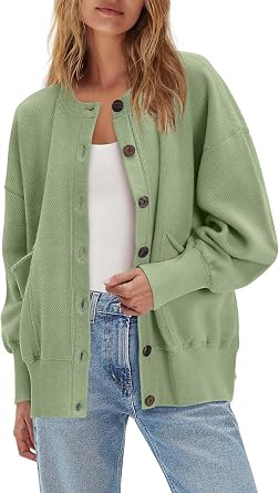 ReachMe Womens Fall Oversized Sweatshirt Cardigan Button up Lightweight Cardigan Long Sleeve Open front Jacket with Pockets