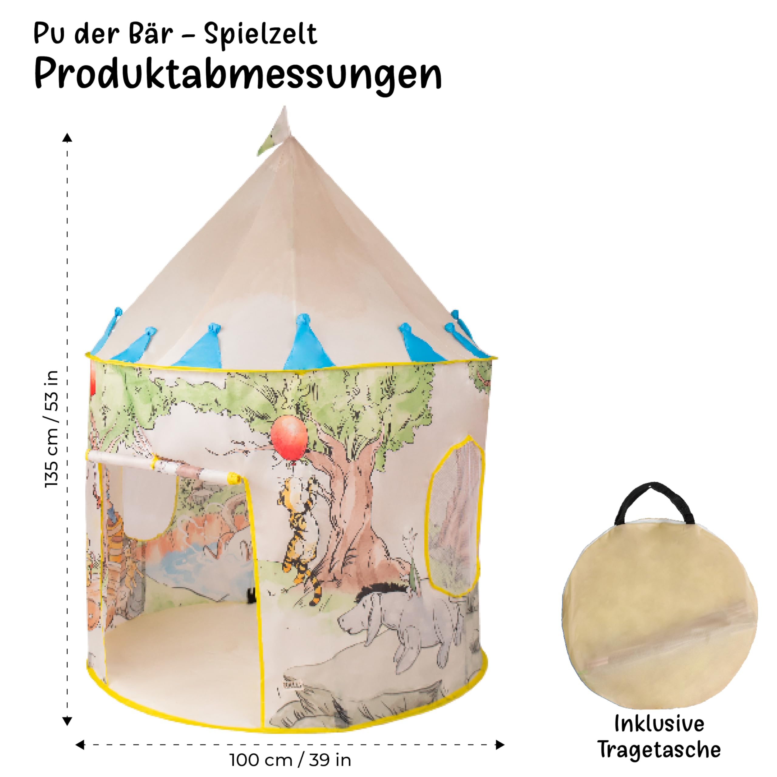 Winnie The Pooh Tent | Pop Up Tent for Kids | Artist Hand-Drawn Winnie The Pooh Kids Indoor & Outdoor Play House | 135 x 100 cm