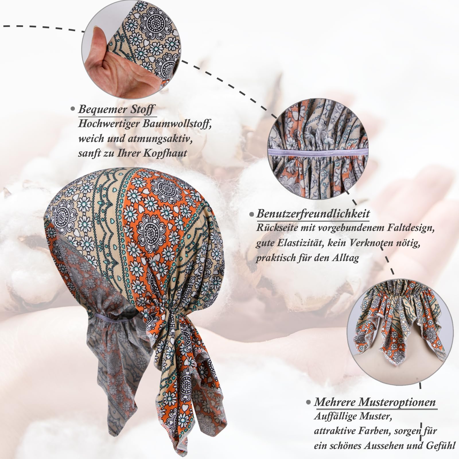 Lot de 4 bandeaux de chimio pour femme - Foulard pré-noué - Cancer - Contre la perte de cheveux