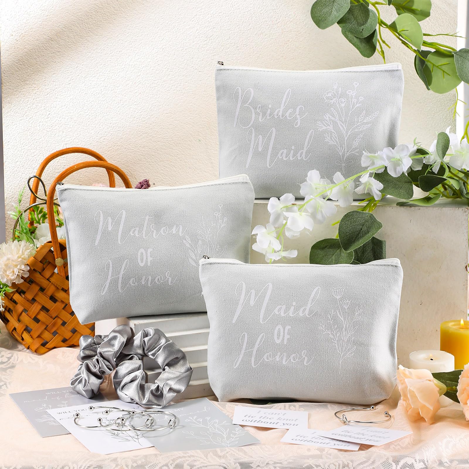 Cunno 48 Pcs Bridesmaid Proposal Gifts Wedding Maid of Honor Gifts Matron of Honor Gifts Bridal Shower Cosmetic Makeup Bags Scrunchies Hair Knotted Bracelets Invitation Card for Bridesmaid (Grey)