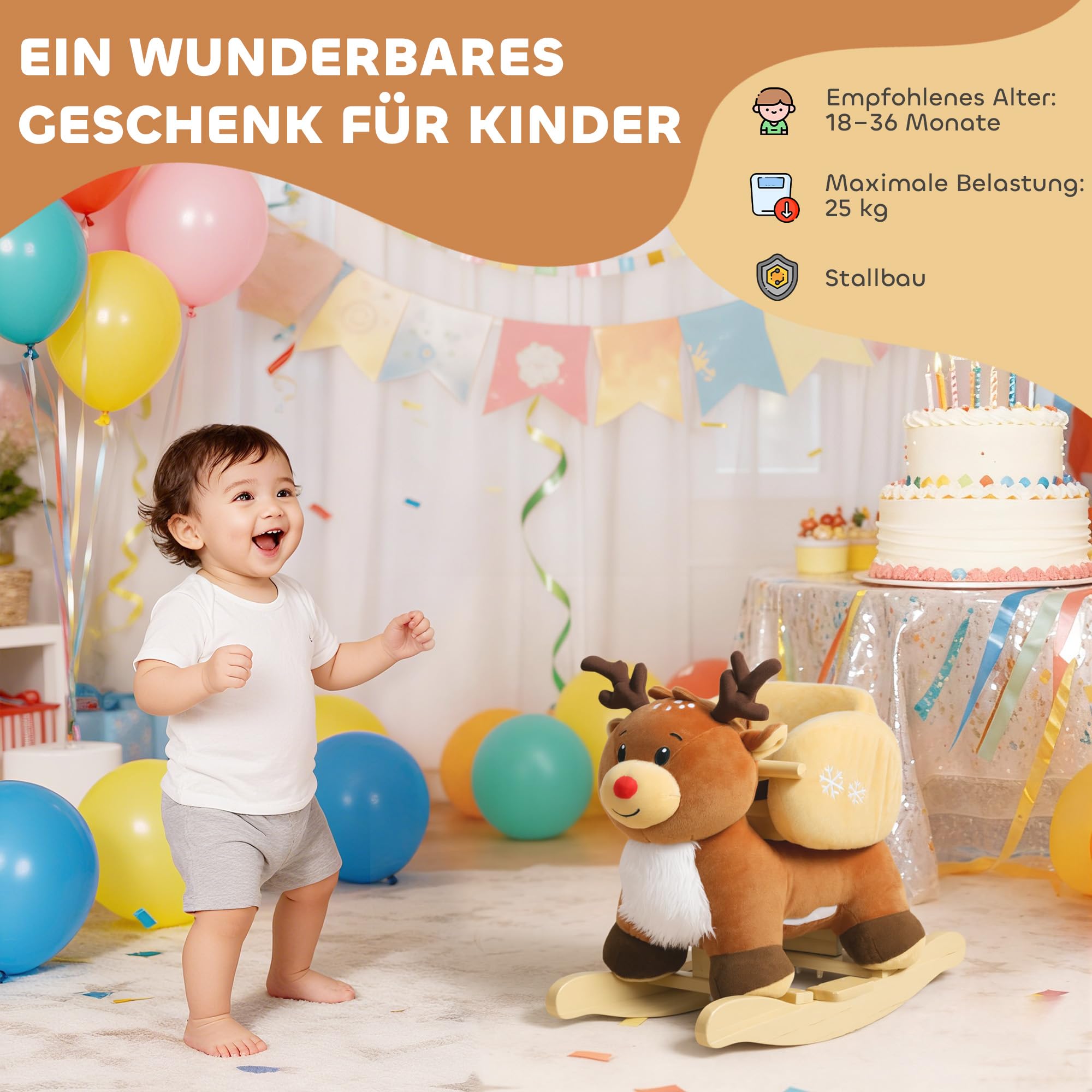 AIYAPLAY Kinder Schaukelpferd Rentier 18-36 Monate Braun 65 x 32 x 55 cm | Baby Schaukeltier, Mit Schlafliedern, Mit Sicherheitsgurt, Plüsch