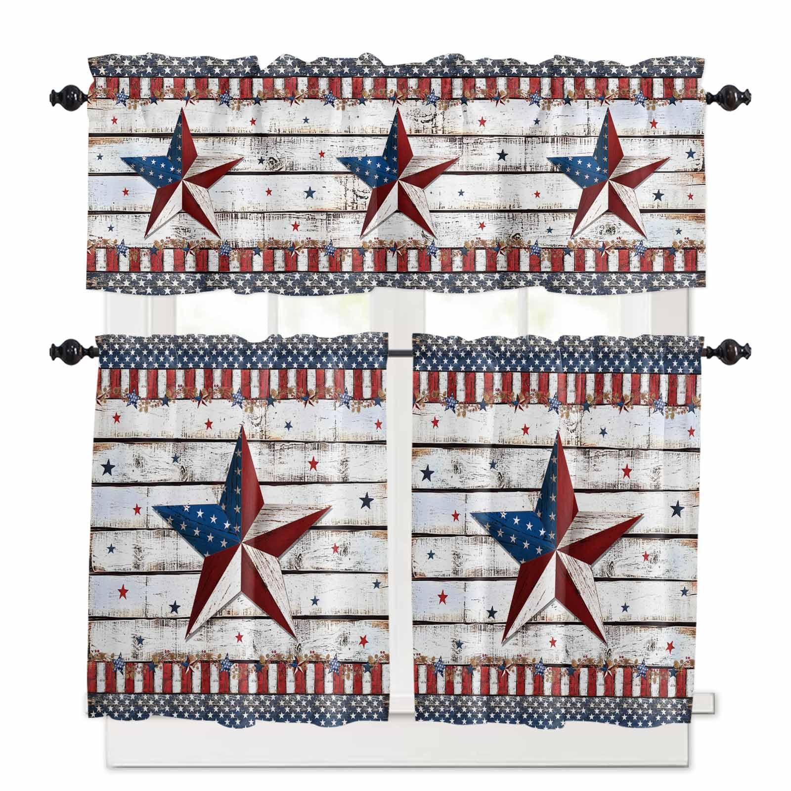 4th of July Star Kitchen Curtains 24 Inch Length, 3 Piece Rod Pocket Small Half Tiers and Valance Set, Independence Day American Flag Small Large Window Treatment Decor for Bedroom/Bathroom Sink