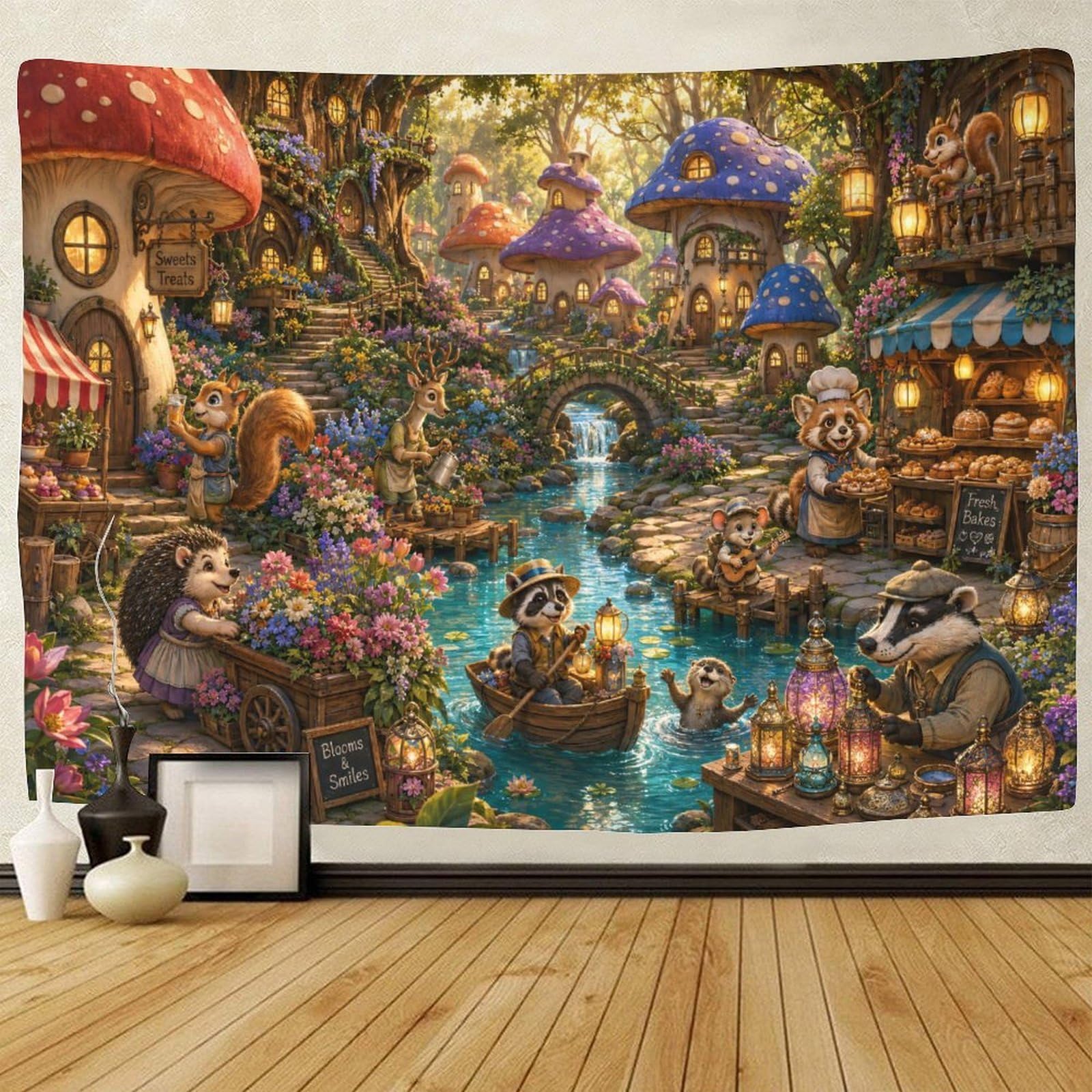 ASDFGHJKLZA Mushroom Village Animals 3D Print Tapestry for Bedroom Wall Hanging Decor Tapestries Poster Home Decoration Living Room Dorm 70cmx100cm
