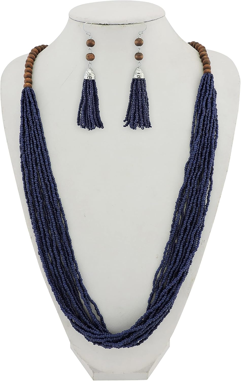 Bocar Long Multiple Row Handmade Beaded Statement Necklace with Gift Box (NK-10407-navy blue-set) - Image 2