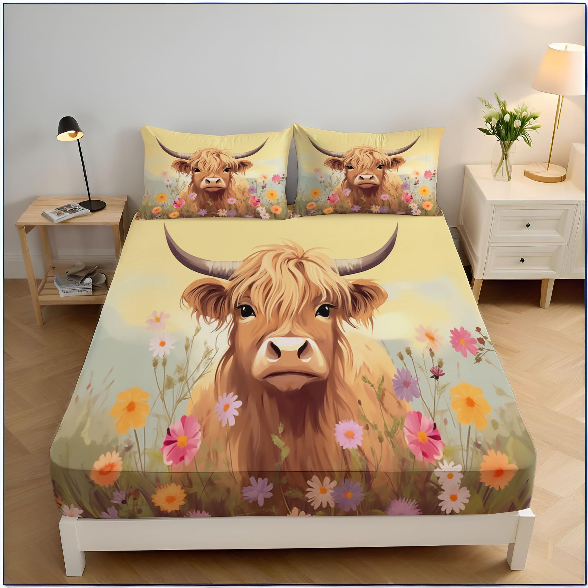 Drap housse 180x200 cm en microfibre brun clair avec imprimé fleurs bétail des highlands