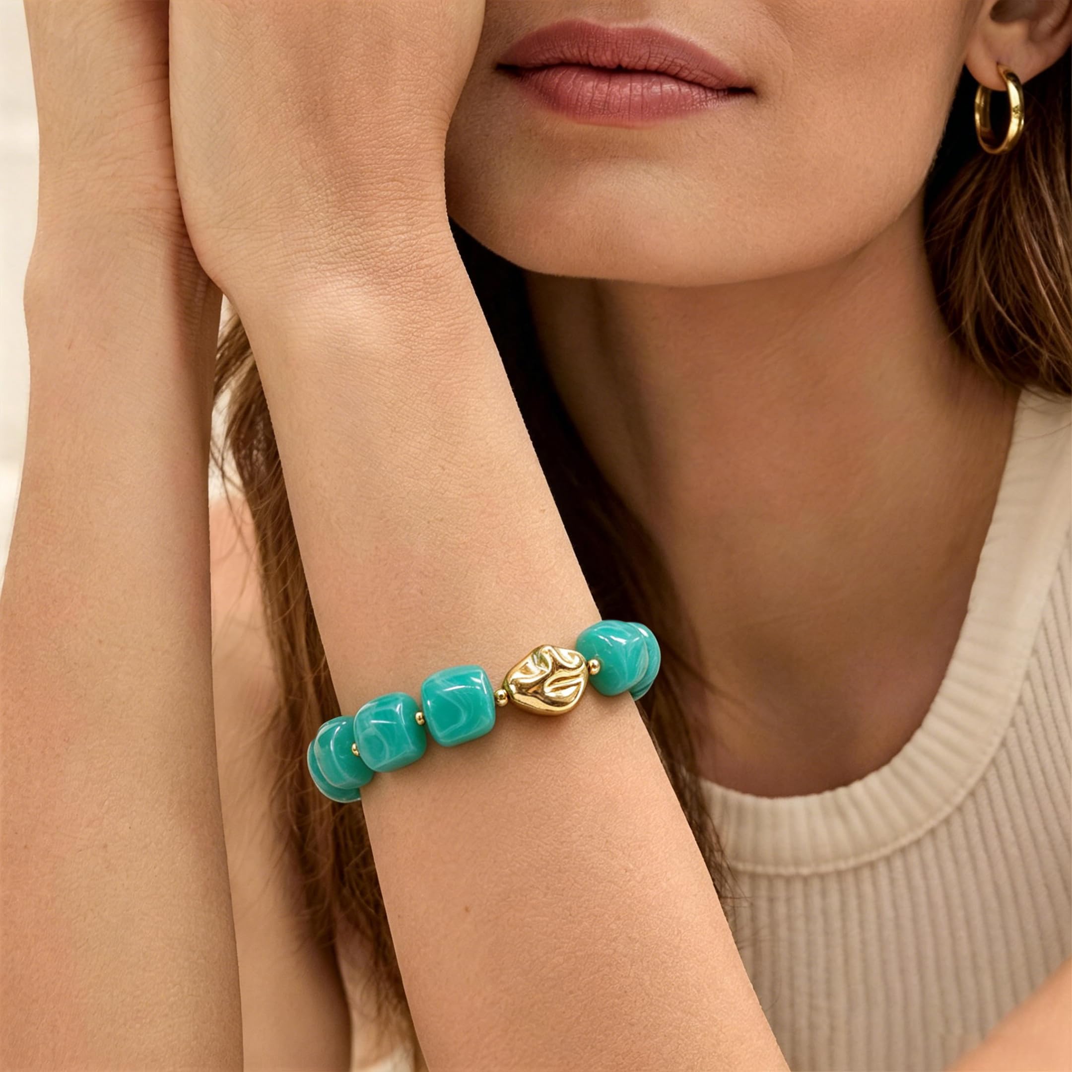Braccialetto con perline grosse da donna, multicolore, con grandi perline in resina acrilica, elastico e allungabile, braccialetti alla moda e di tendenza, gioielli boho per vacanze estive al mare.