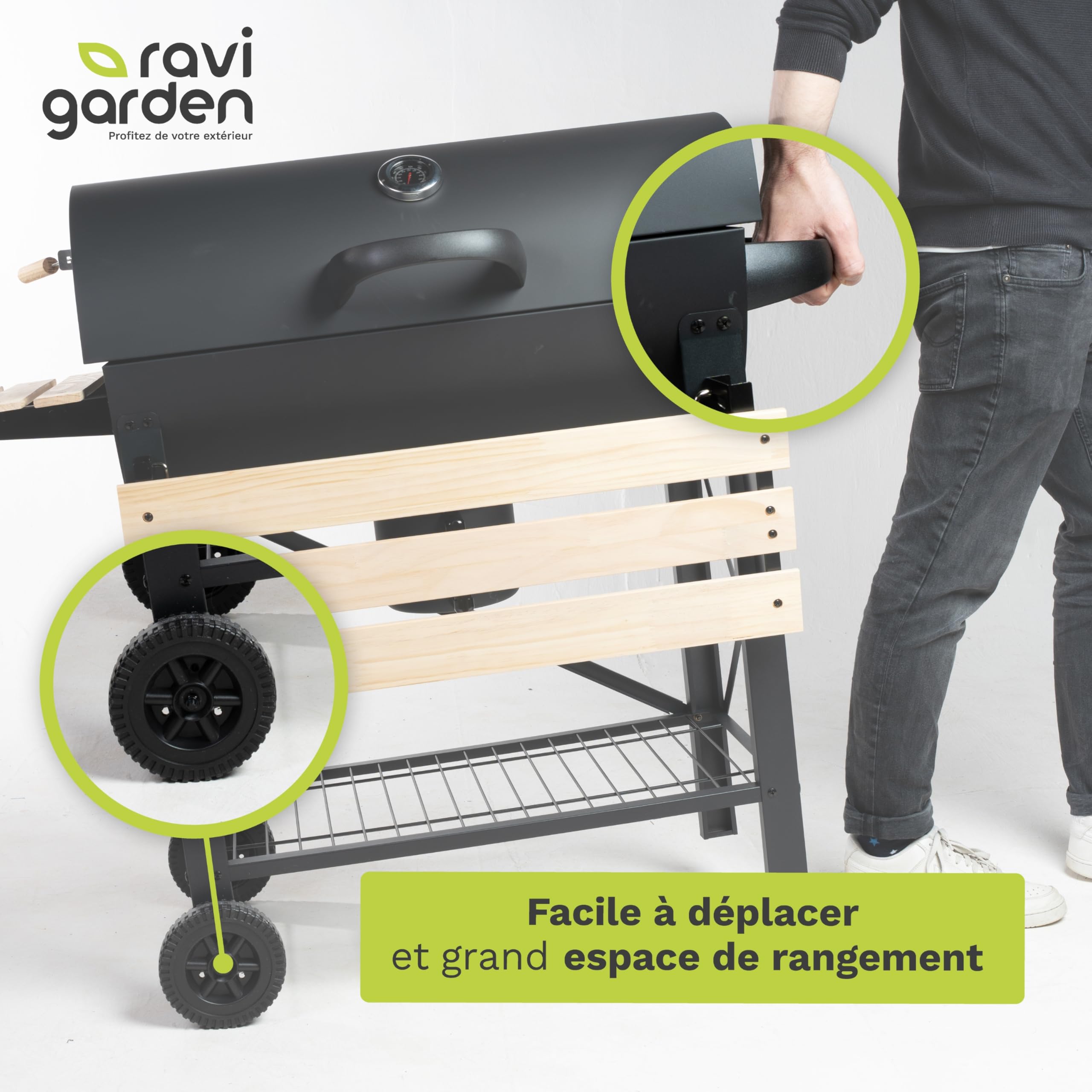 Barbecue Charbon de Bois XXL avec Couvercle, Grille 71x38 cm, 2 Tablettes Rabattables, Récupérateur de Cendres