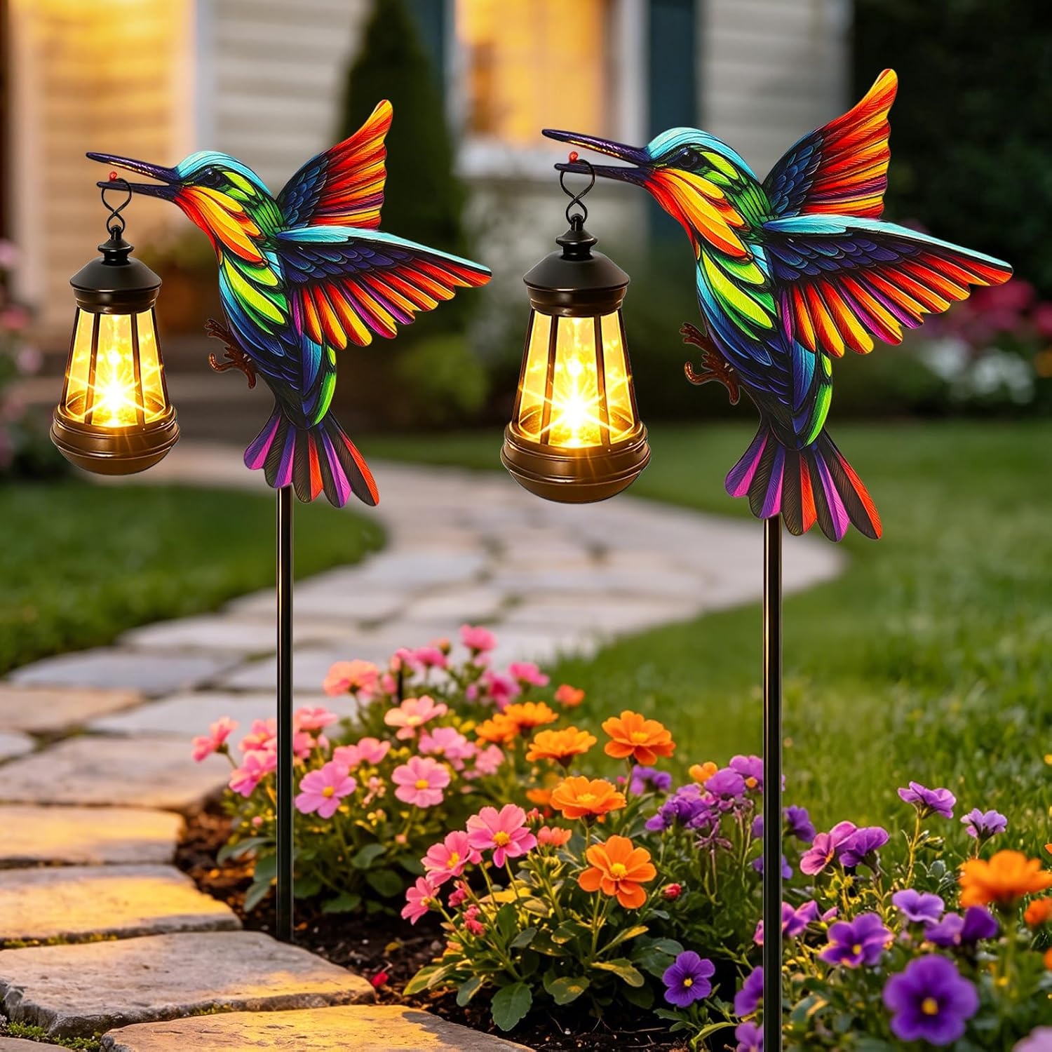 2 Pack Solar Lights Outdoor Waterproof Hummingbird Decorative, 31in Metal Hummingbird Garden Stakes with Solar Lanterns for Yard Art Outside Patio Porch Lawn, Gifts for Women Mom Grandma Birthday