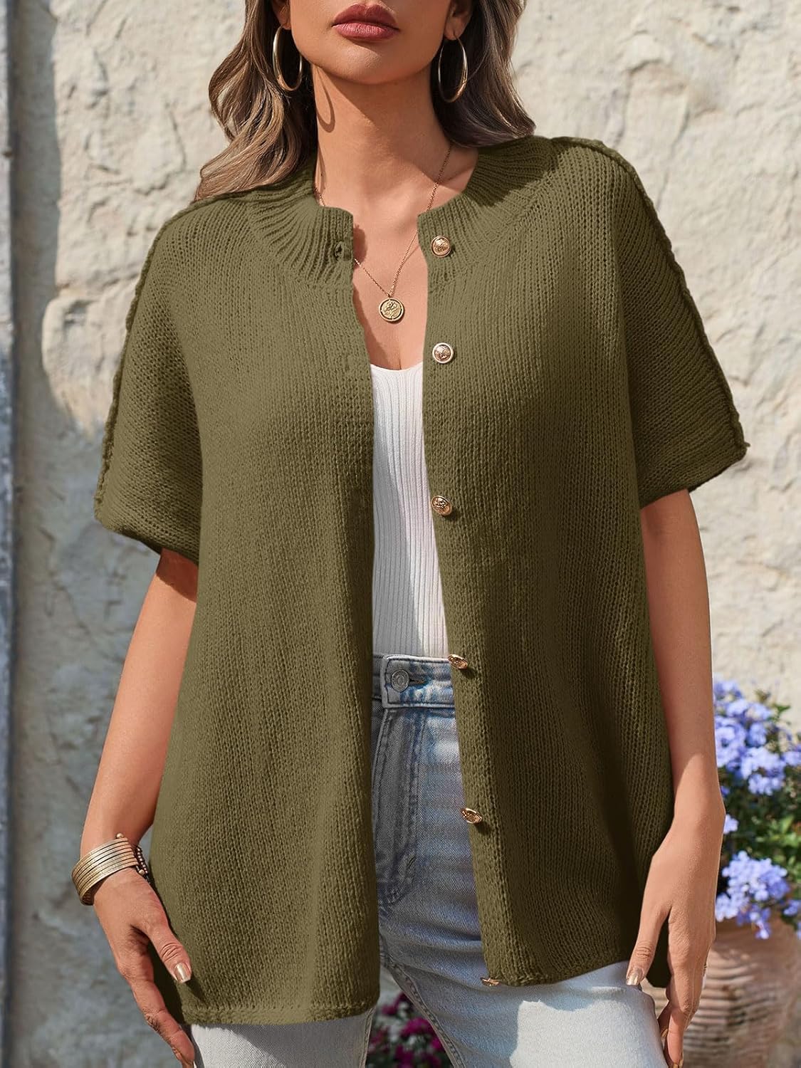 Saodimallsu Womens Oversized Cardigan Sweaters Short Sleeve Button Down Casual Lightweight Loose Knit Trendy Cardigans Dark Khaki - Image 3