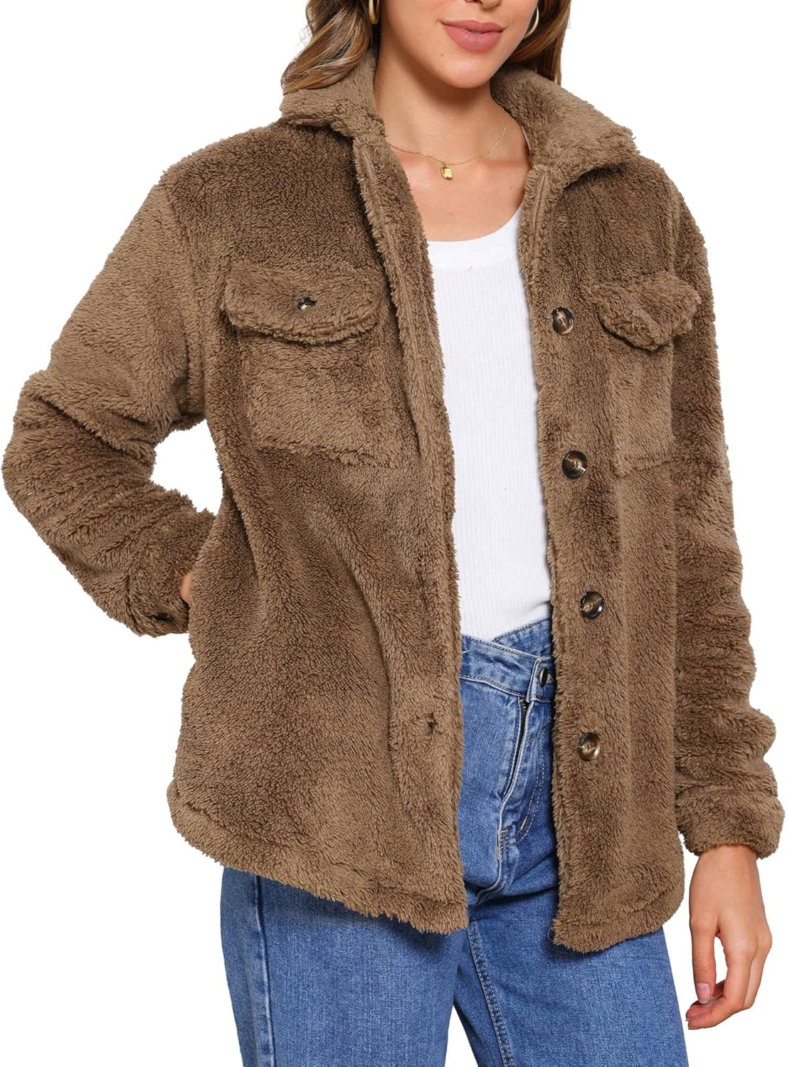 Allegra K Faux Fur Coats for Women's Fleece Shearling Teddy Pockets Button Down Winter Fuzzy Jacket
